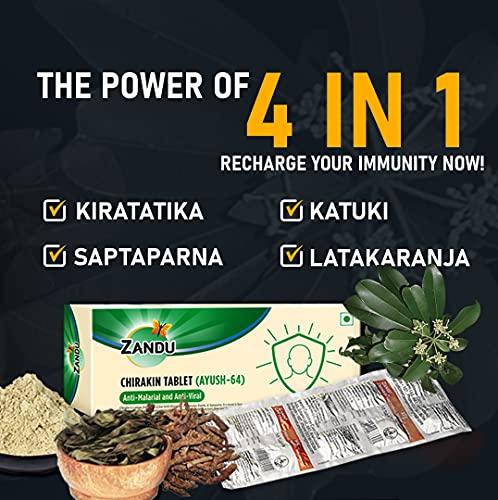 Zandu Zandu Chirakin Tablets (Ayush 64), Protection from Infections and Antiviral Properties, Helps in Managing & Building Overall Immunity, Health & Wellness - (Pack of 10 Tablets x 12 Strips)