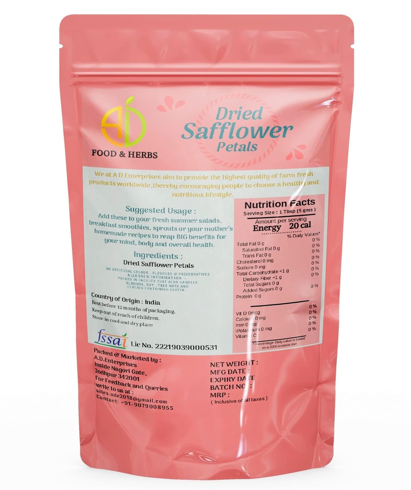 A D FOOD & HERBS A D Food & Herbs Organic Dried Safflower Flower/Petals Kusum ke phool Aromatic Edible for Homemade Lattes, Tea Blends, Bath Salts, Gifts, Crafts 50 Gms