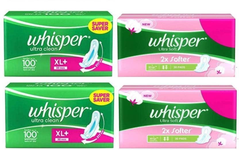 Whisper Whisper Ultra Clean & Ultra Soft sanitry pads Sanitary Pad (Pack of 120 Pads) ( Pack of 4, 30 Each )