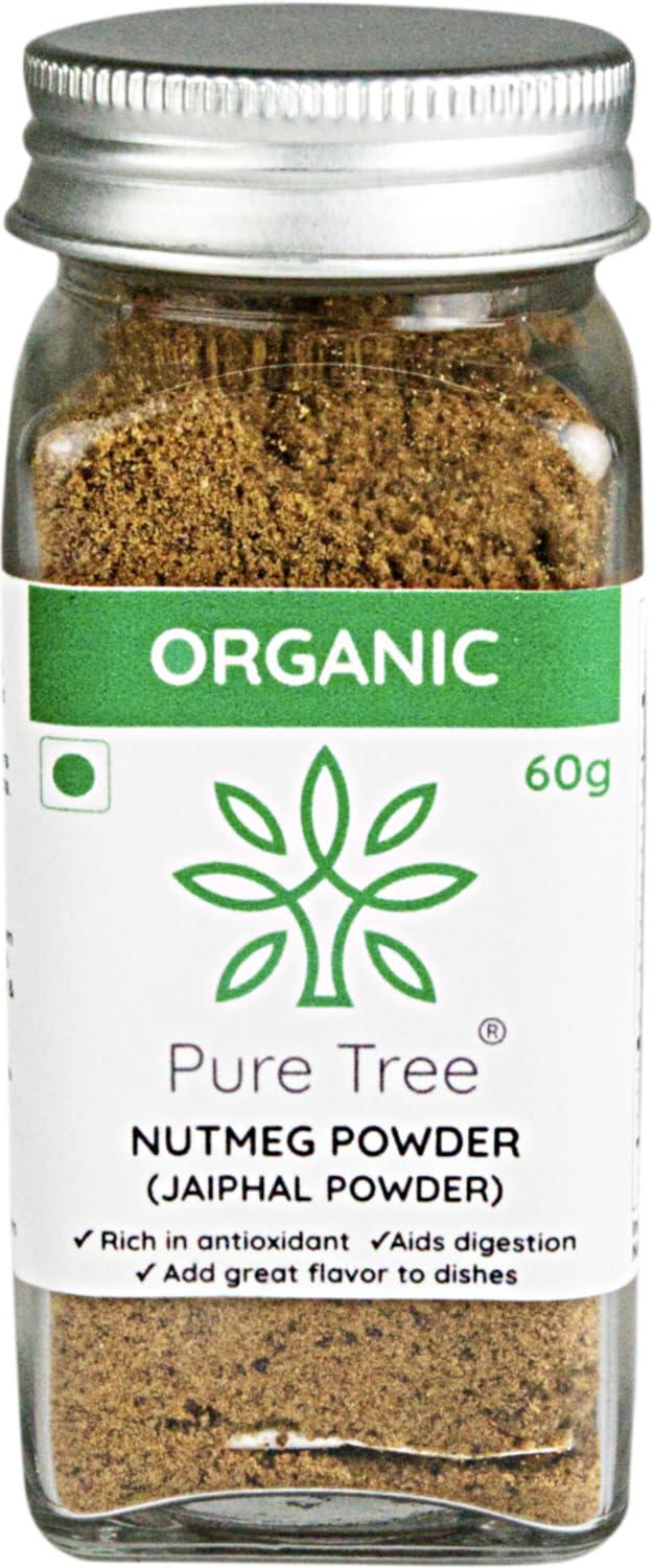 Pure Tree Pure Tree Certified Organic Nutmeg Powder | 60 g | Glass Jar | Grounded Jaiphal Powder Jathikai Powder | Organic Jaifal Powder for Baby | Jayfal, Myristica Fragrans