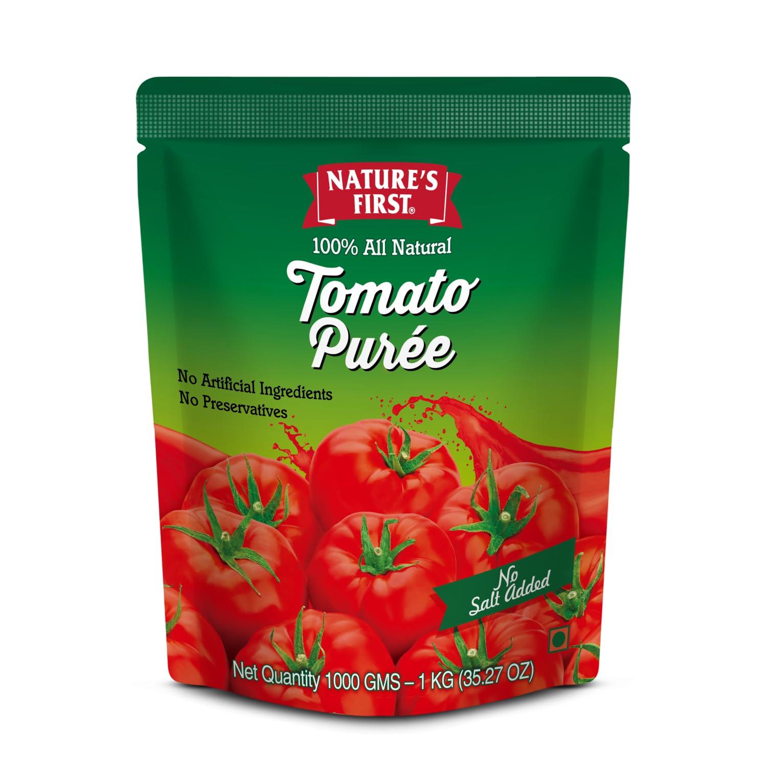 NATURE'S FIRST Nature\'s First Tomato Puree 1 Kg (Pack of 4), Fresh, Thick & Natural Tomato Paste for Cooking, Add Rich Flavour in Dishes, No Added Salt, No Preservatives, Sweet and Pure, Vegetarian