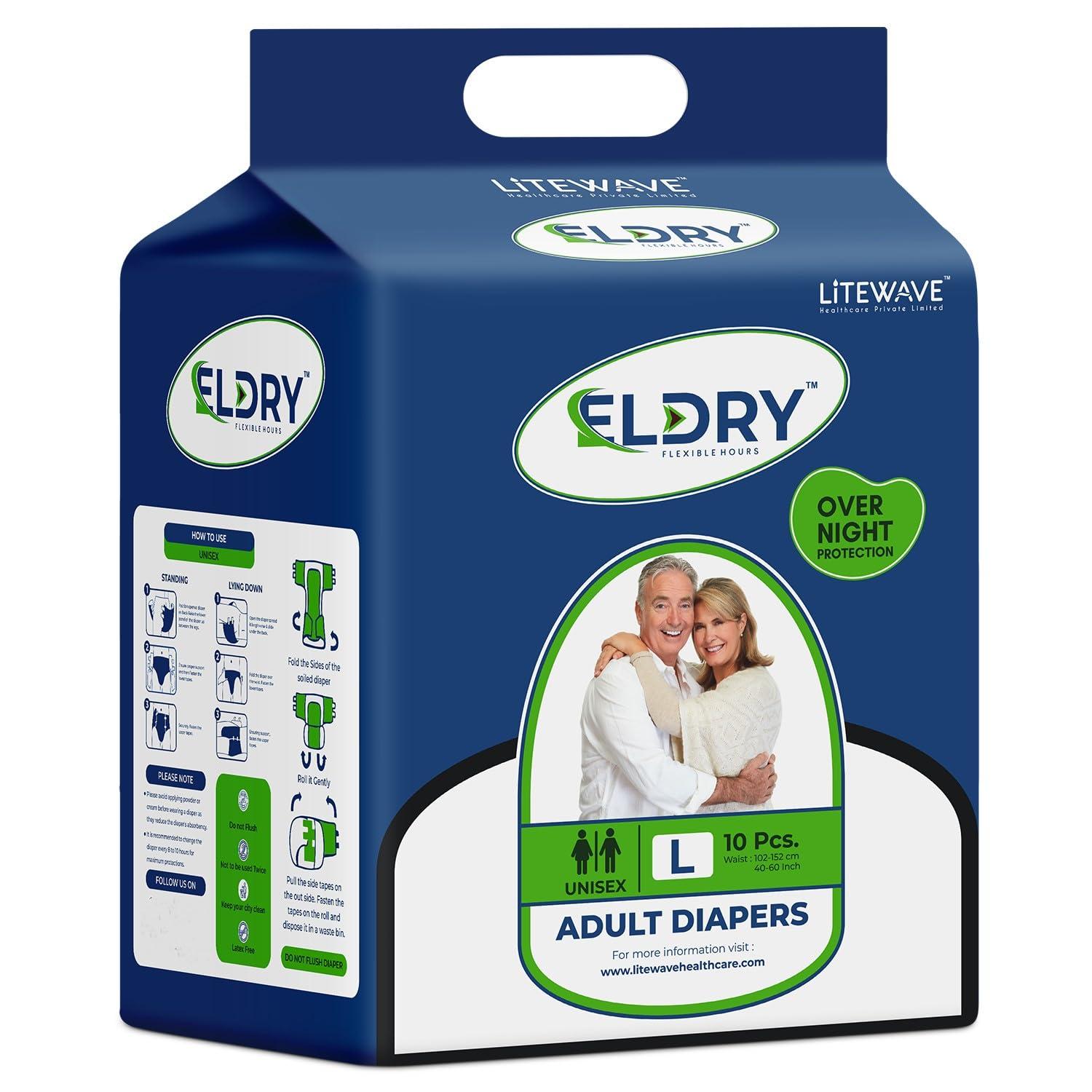 ELDRY Eldry Adult Diaper, Tape Style, Large (L) Size, 60 Count, Unisex, Waist Size (40-60 Inch | 102-152 cm), Super Absorbent Core, Wetness Indicator, Overnight Protection, Pack of 6