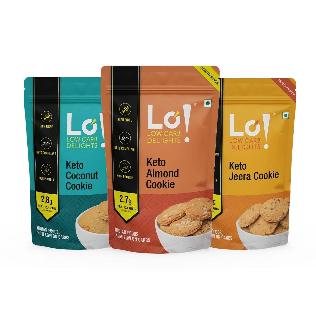 Lo! Foods Lo! Foods - Keto Cookies Combo (600g) | Diabetic Friendly | Sugar Free Biscuit | Low Carb Keto Snacks | Diet snacks for Healthy Eating | Zero Added Sugar - (200g x Pack of 3)
