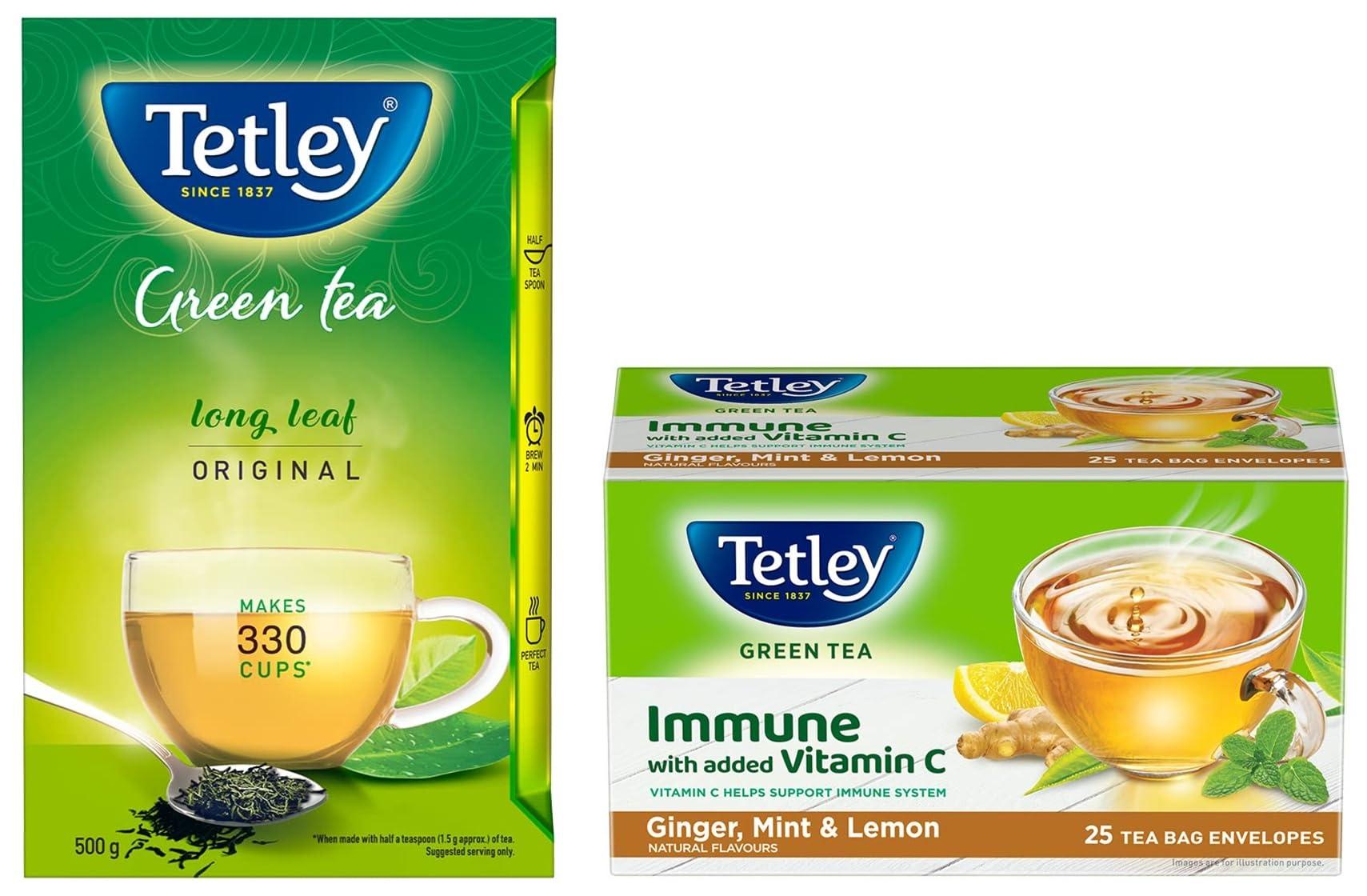 Tetley Tetley Long Leaf Original | All-natural Green Tea with Anti-Oxidants | Green Tea | 500g & Tetley Green Tea Bags, Ginger Mint Lemon, 25 Tea Bags
