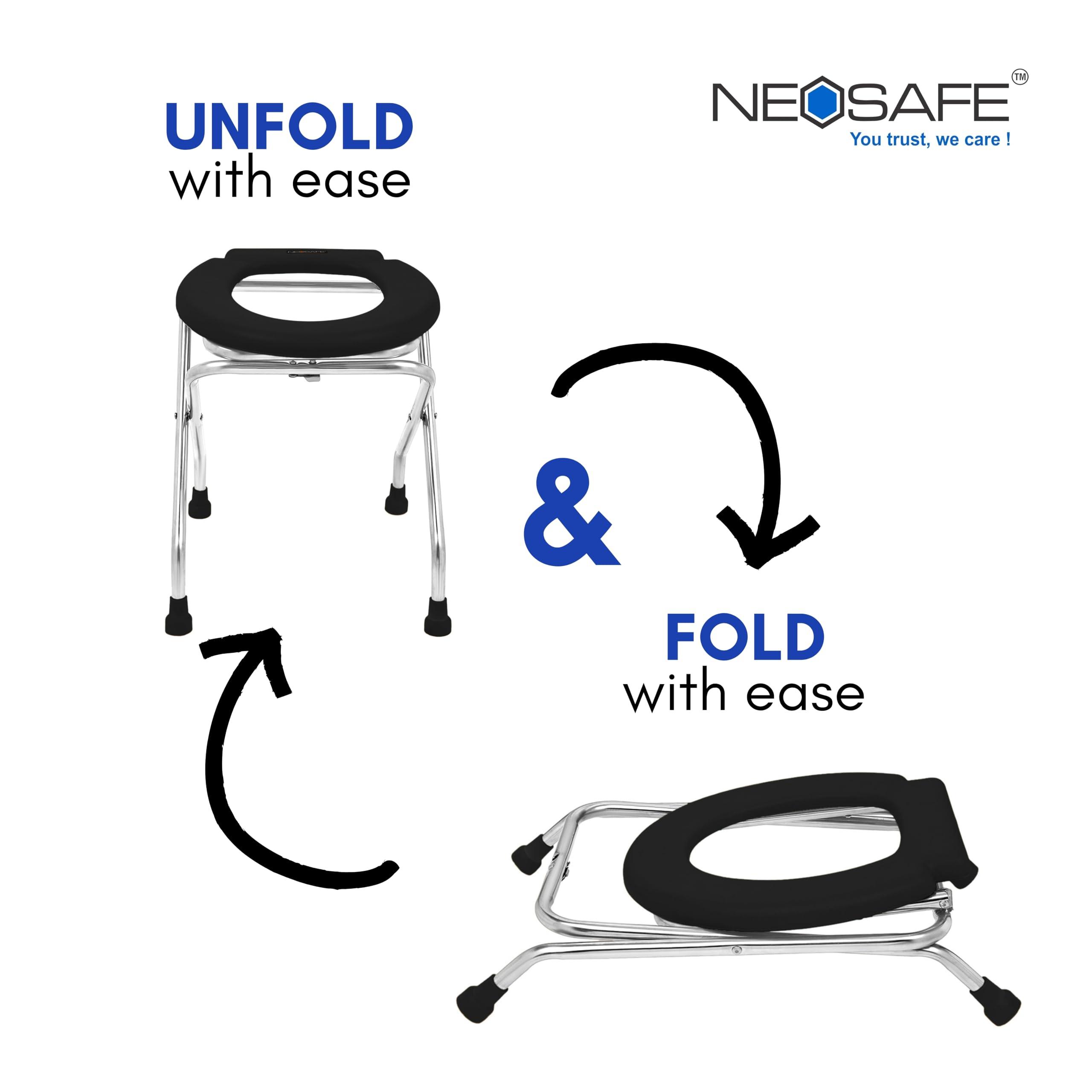 NEOSAFE NEOSAFE Stainless Steel Premium Folding Shower Bathing Room Commode Stool Indian Toilet Seat for Elderly Disabled Man and Pregant Women Support Safe Chair Anti-Slip (Black)