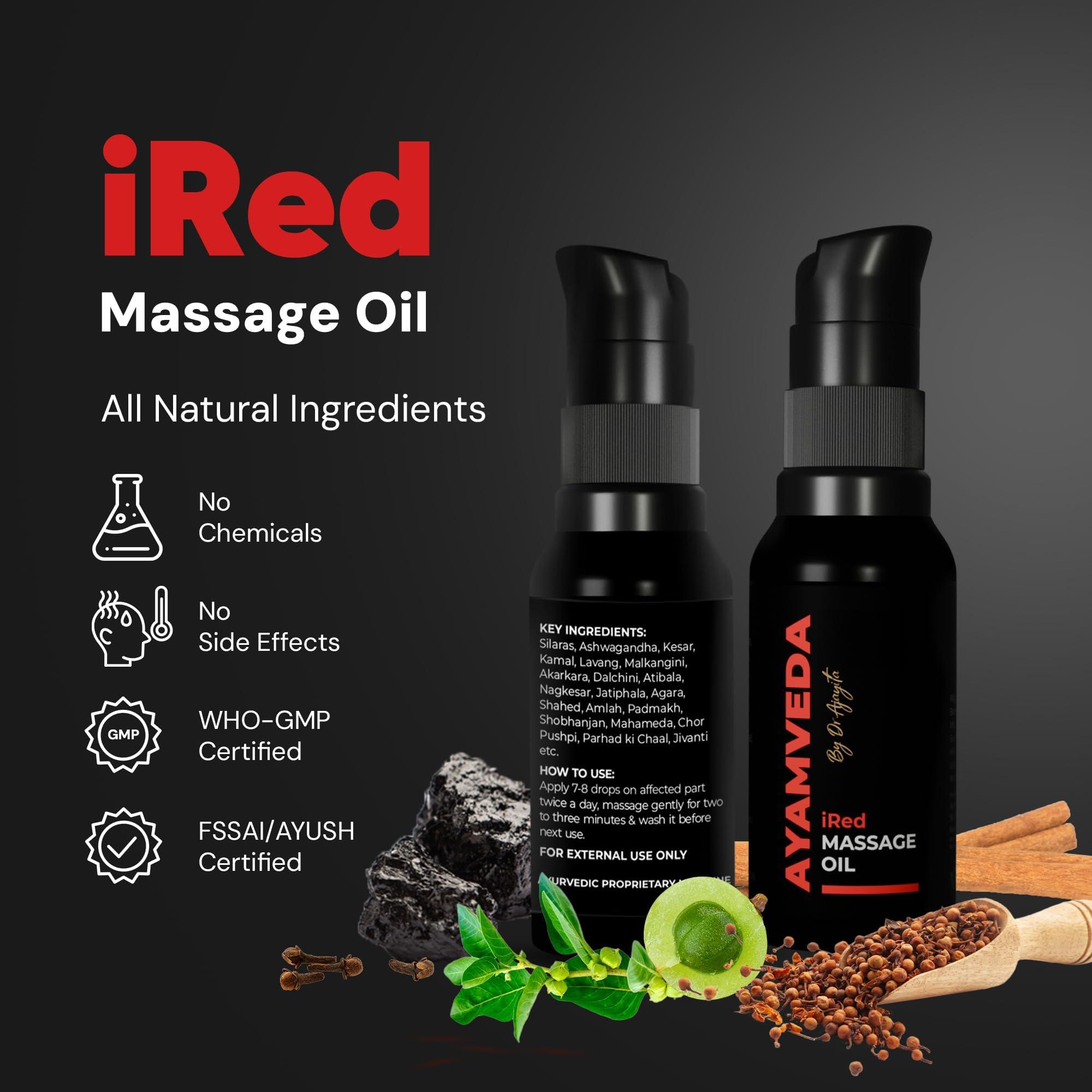 AyamVeda AyamVeda by Dr.Ajayita - iRed Massage Oil For Men with 60+ Premium herbs like Ashwagandha I Strength and Stamina Destroyer of Weakness (60 Days Pack) For External Use Only | No Side Effects