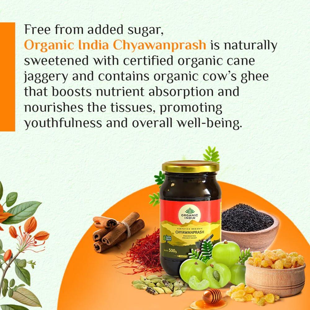 ORGANIC INDIA A TATA Product Organic India Chyawanprash - 500g, Ayurvedic Blend with Vitamin C, Boosts Immunity, Enhances Strength & Stamina, Supports Digestion, Promotes Healthy Skin & Hair, Relieves Cough & Cold