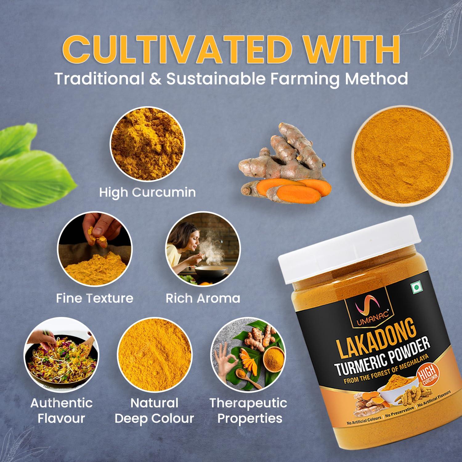 UMANAC Umanac Lakadong Turmeric Powder- 250Gm | Lakadong Haldi Powder | Fresh Turmeric From Meghalaya | High Curcumin Value | 100% Pure & Natural | Unprocessed | Rich Earthy Aroma