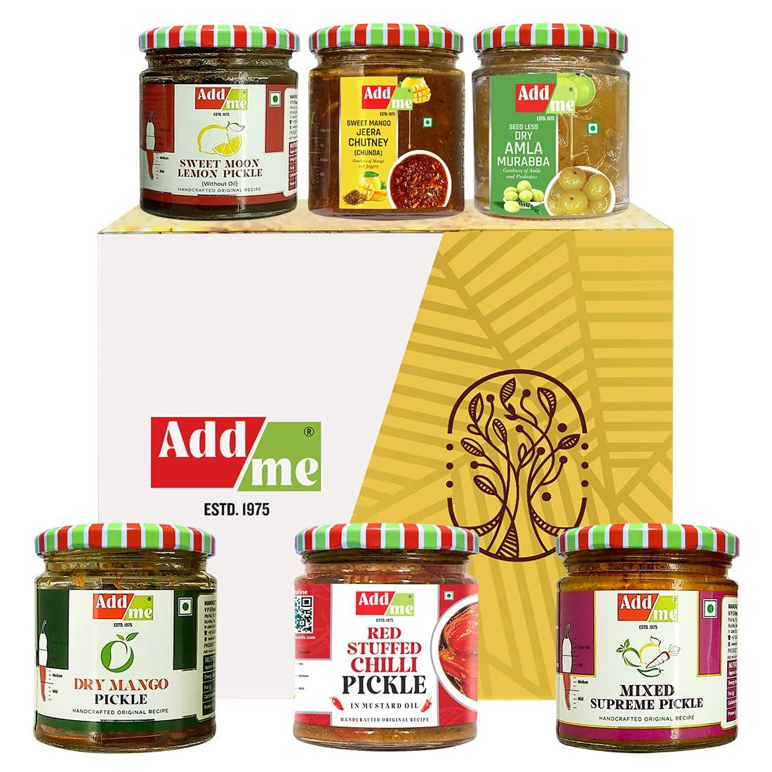 Add me Add me Combo Pickle Pack 6 In 1 Dry Mango Achar 150Gm + Mixed Pickles 200Gm + Amla Murabba 200Gm + Sweet Lemon Pickle 200Gm + Lal Mirchi Ka Achar 200Gm + Sweet Mango Jeera Chutney 200Gm Glass Jar