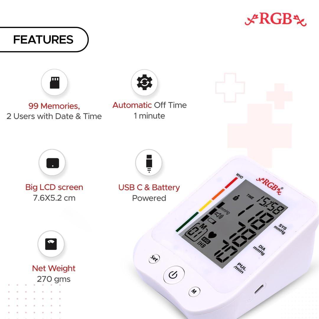 RGB RGB Digital BP Monitor Machine with C type USB Port BP Monitor, Automatic Oscillometric Digital Blood Pressure Monitoring Machine | Upper Arm Portable Digital BP Machine