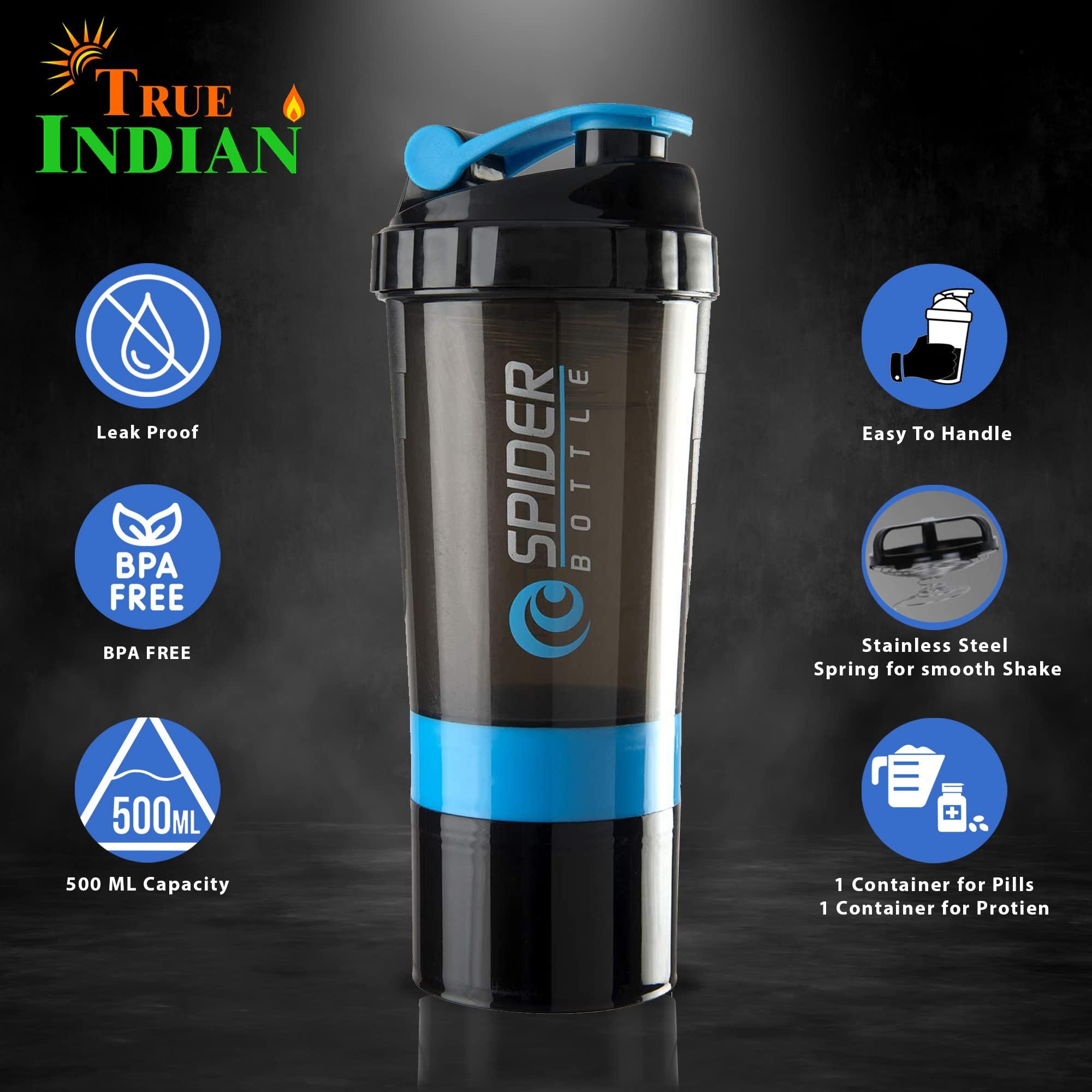 TRUE INDIAN Sports Protein Shaker Bottle With Wrist Support Band For Gym Workout & Exercise l Weightlifting l Powerlifting l Wrist Wrap l Gym Shaker l Shaker Bottle l Gym Water Bottle (500) ML. (BLUE)