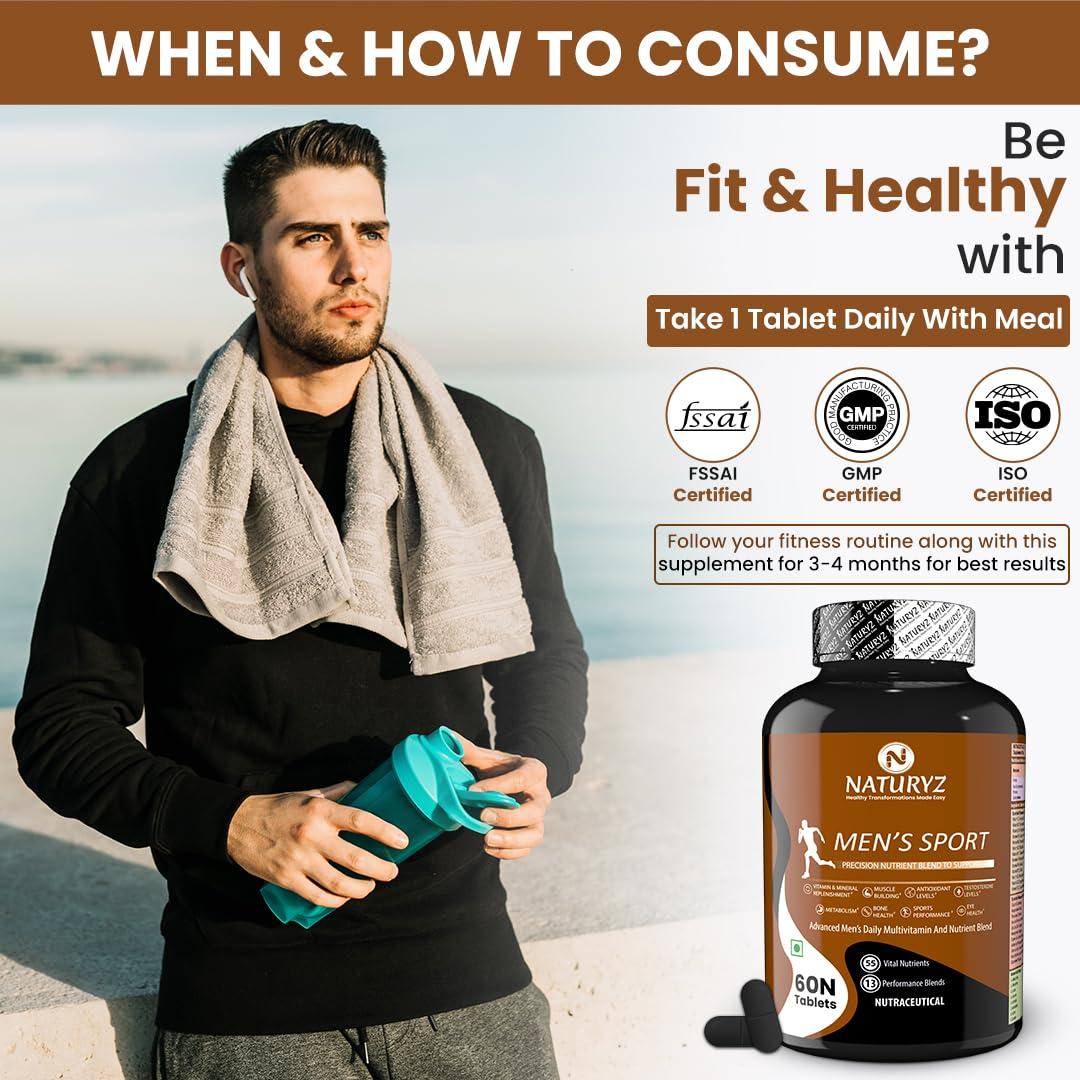 Naturyz NATURYZ MEN\'S SPORT Specialized Daily Multivitamin for Men with Highest 55 Nutrients (Vitamins, Minerals, Aminos, Enzymes, Antioxidants, Herbal Extracts ) and 13 Performance Blends for Muscle growth, Energy, Strength & Immunity - 60 Tablets(Pack of