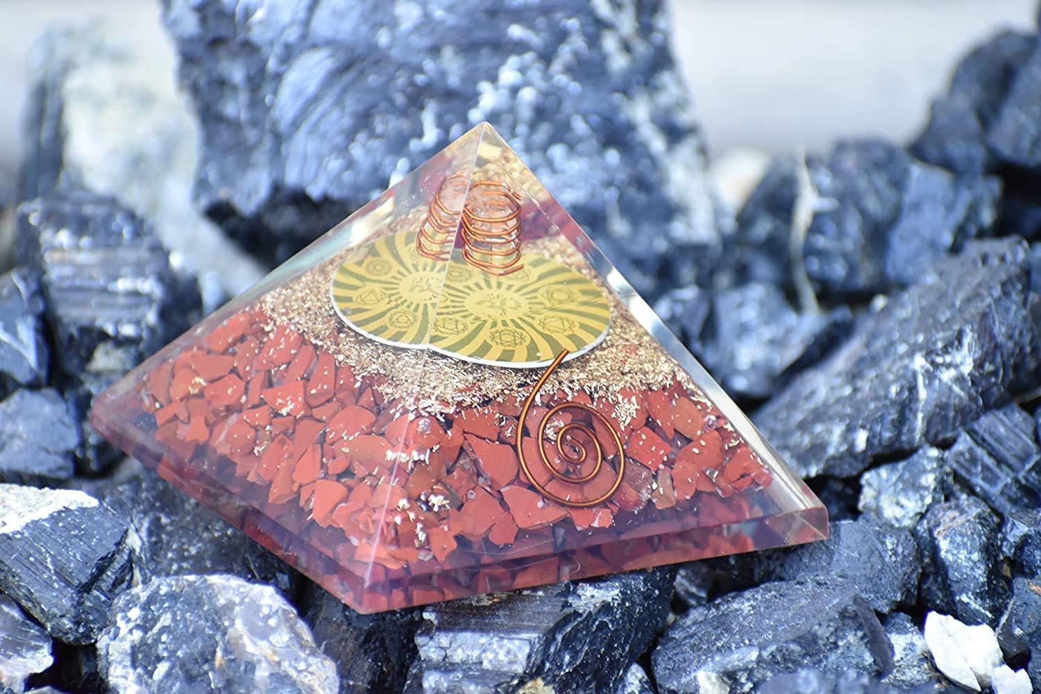 Orgonite Shop OrgoniteShop Red Jasper Orgone Pyramid for Positive Energy – Healing Crystal Pyramid for Meditation Orgonite Pyramid for Positive Energy – Energy Pyramid Flower of Life