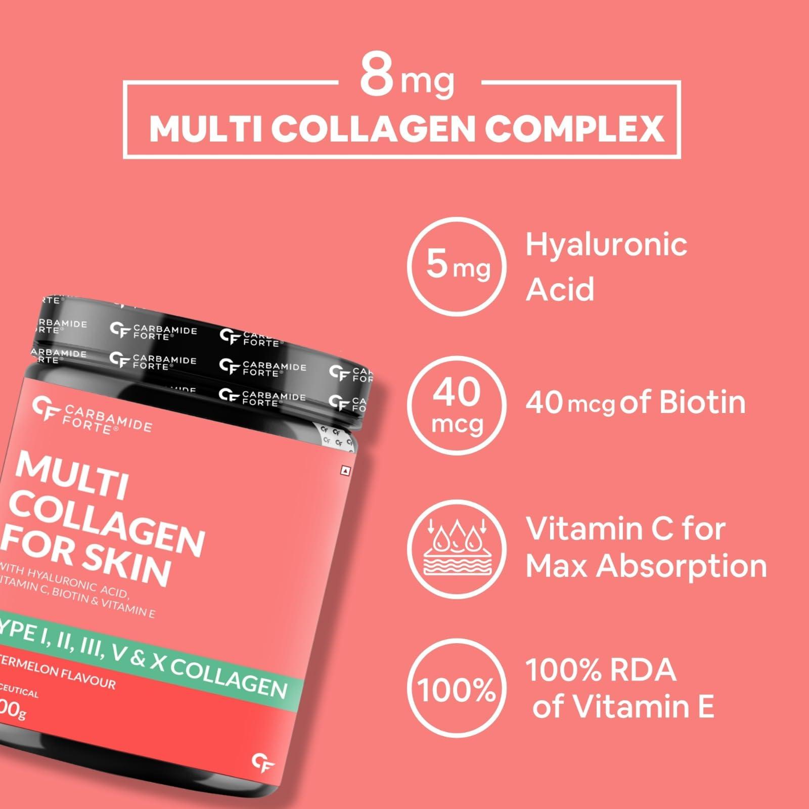 Carbamide Forte Carbamide Forte Hydrolyzed Multi Collagen Powder With Marine Collagen, All 5 Types of Collagen Peptides Included - TYPE I, II, III, V, X Collagen Supplements for Women & Men, Watermelon Flavor - 200g