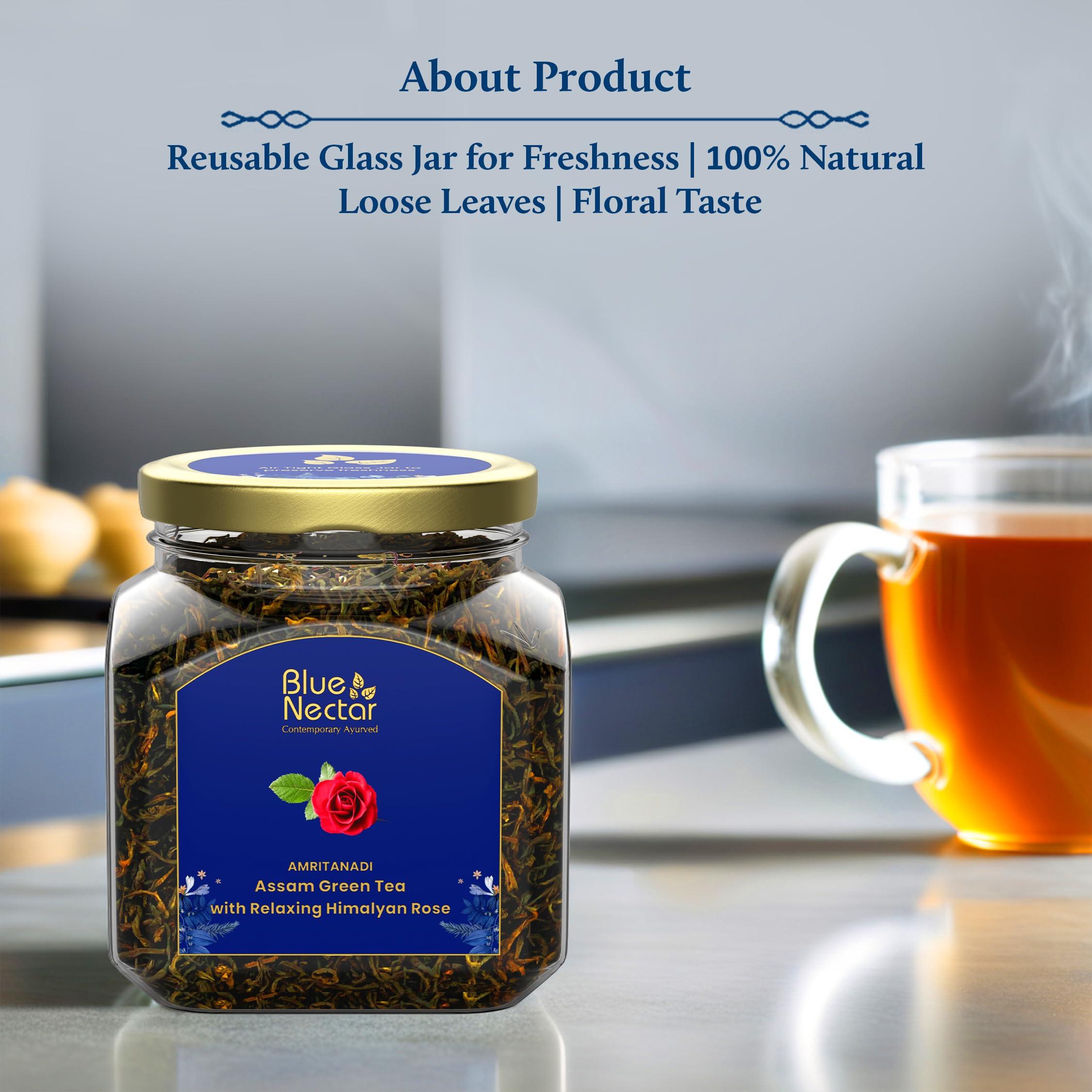 Blue Nectar Blue Nectar Amritanadi Assam Rose Green Tea Leaves with Himalayan Rose (50 g + 15 g FREE| 33 cups). Loose Green Tea Leaves with No Tea Dust. Only Leaf Green Tea