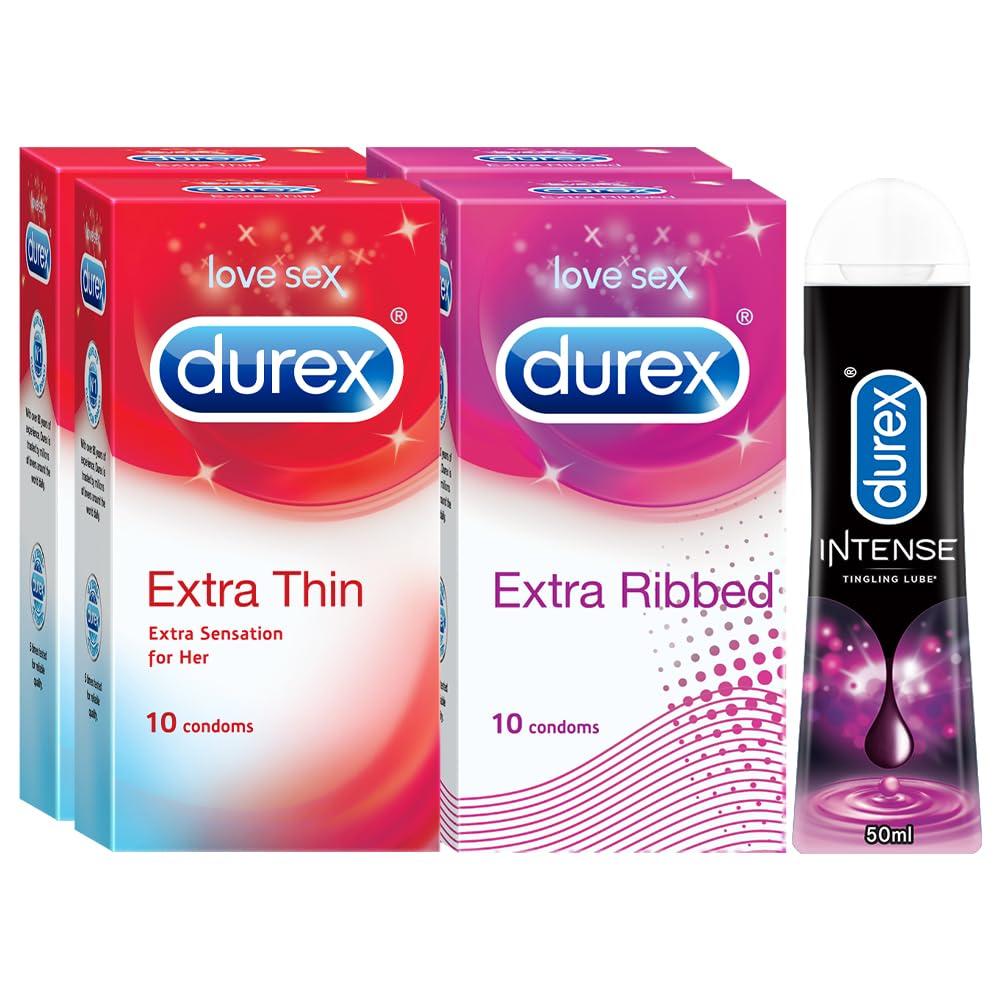 Durex Pleasure Packs (Durex Extra Thin 10s, Extra Ribbed 10s, Extra Thin 10s, Extra Ribbed 10s, Intense Tingling Lube 50 ml)