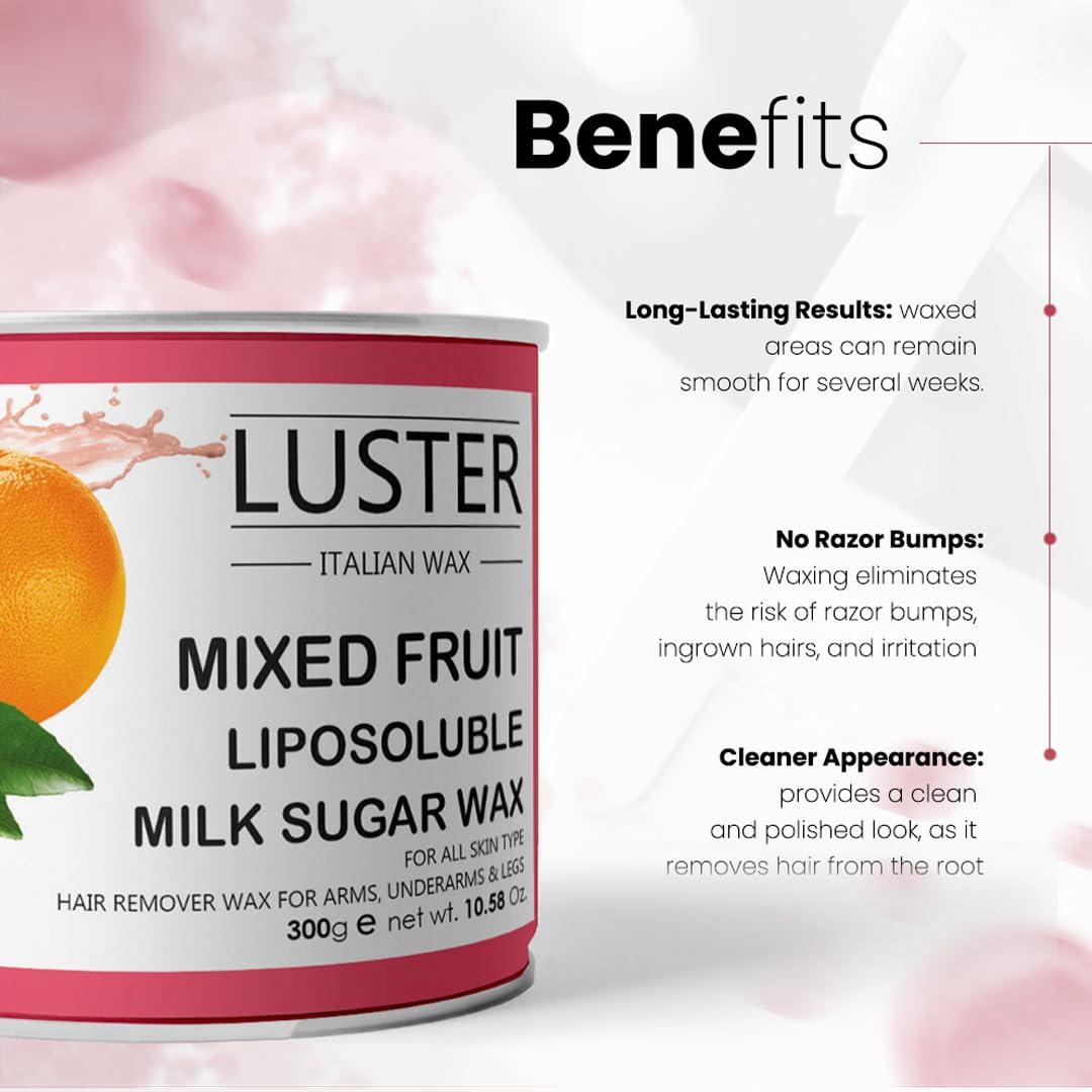 Luster Luster Mixed Fruit Hair Removal Hot Wax | Gives Smooth & Soft Skin | Body & Face Hair Removal Wax | Multiple Fruit Extracts | For Women & Men | All Skin Types | Paraben & Sulphate Free 300ml