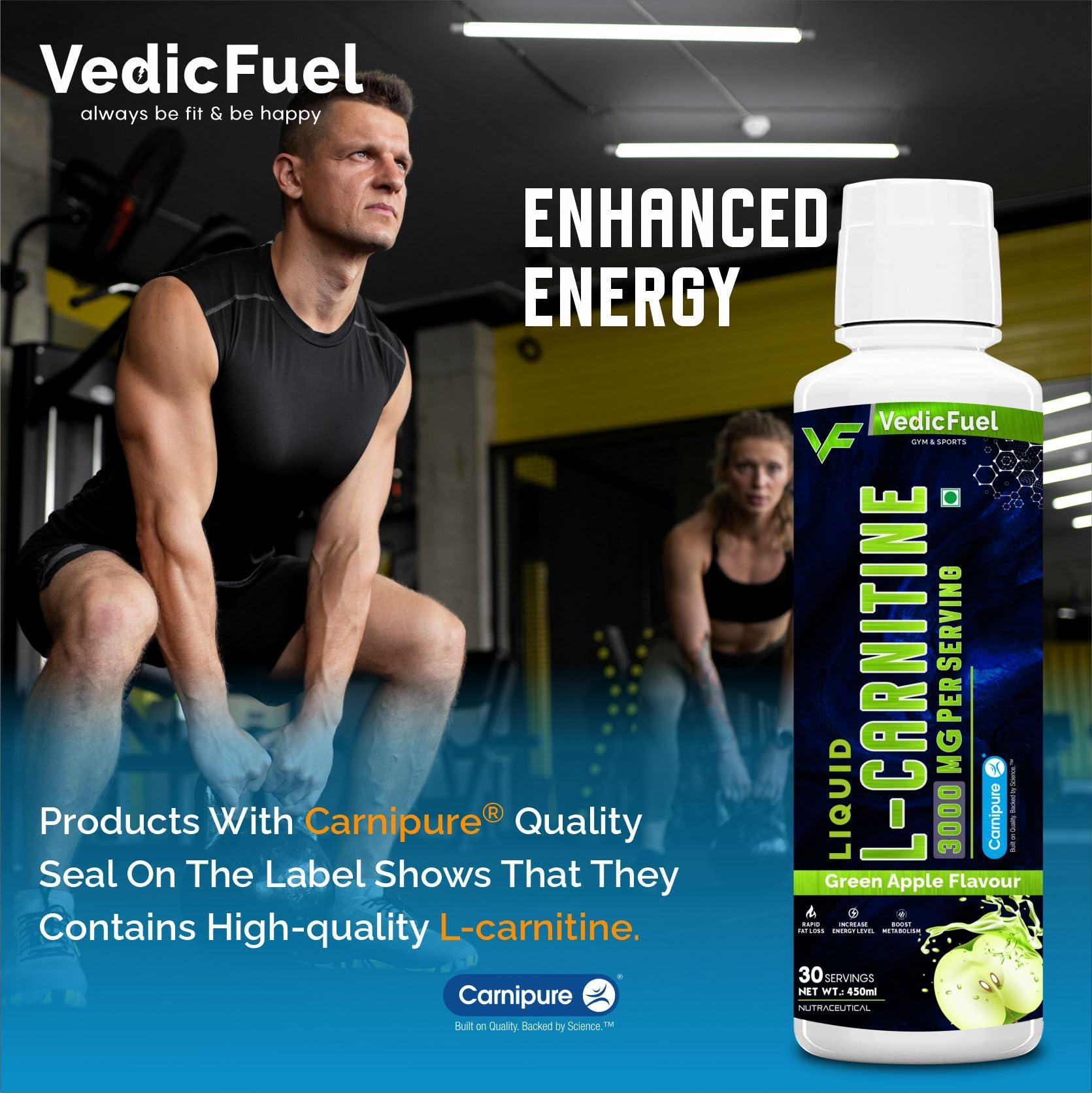 VEDICFUEL VedicFuel Liquid L-Carnitine 3000 mg, Helps Convert Fat into Energy (Green Apple Flavour, Pack of 450ml, 30 Servings)