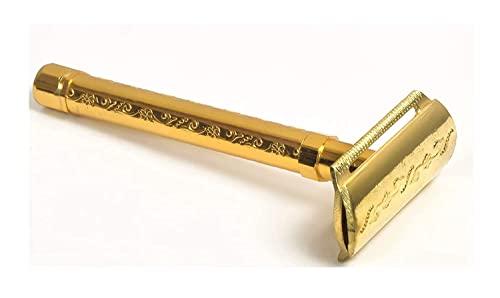 Sonntag Sonntag Long Handle Double Edge Safety Razor Brass Razor For Men and women + 5 Shaving Blades Free (Brass Gold Shaving Razor Flower Design)