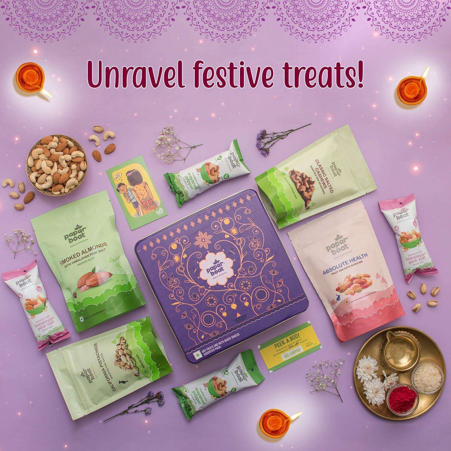 Paper Boat Paper Boat Holi Dry Fruit Box, 720g - Exquisite Holi Gift Hamper |Beautiful Reusable Tin Box | Celebration Festive Gift for Family | Assorted Mix of Flavoured Nuts & Trail Mix | Cashews, Almonds, Pistachio, and Mixed Nuts