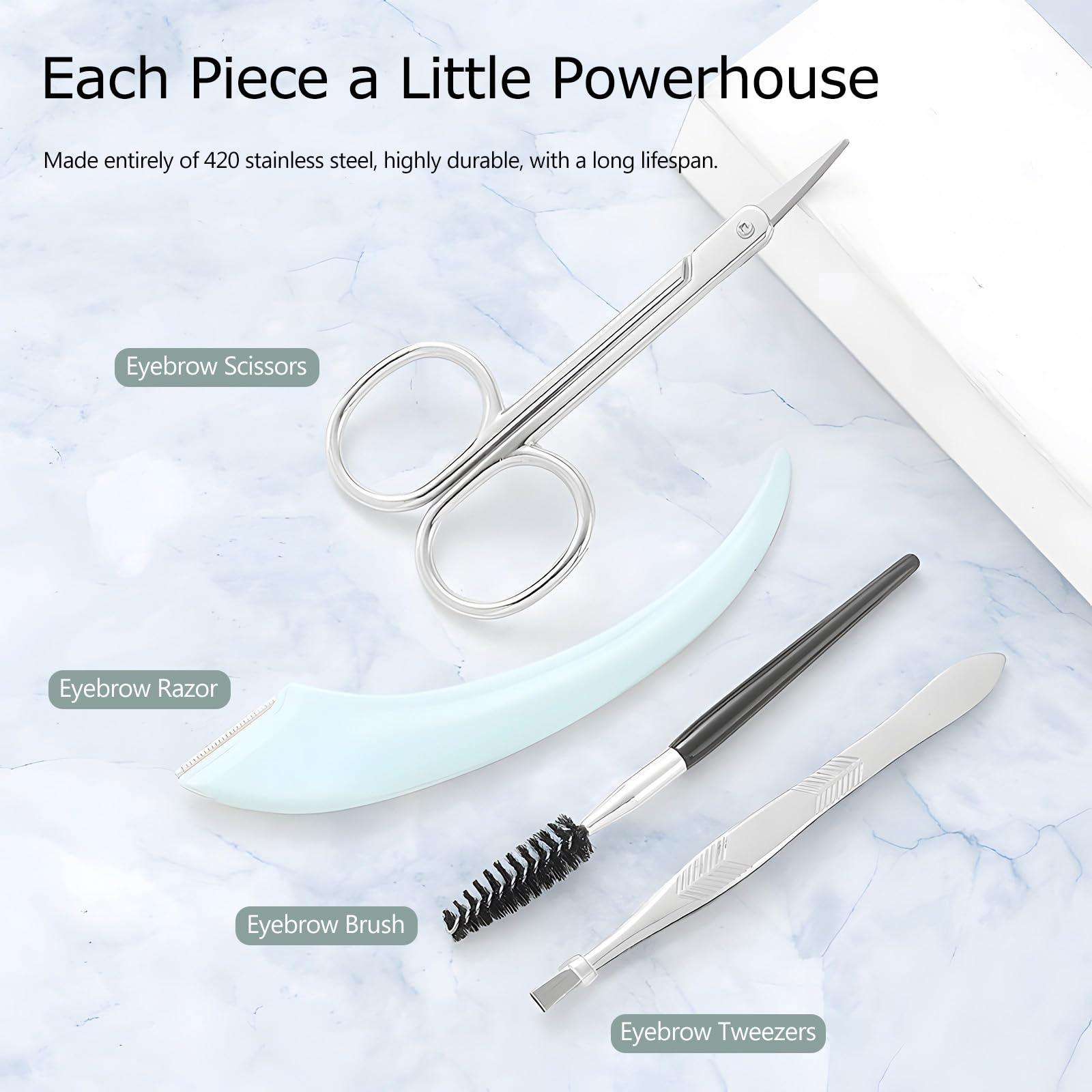 Kootinn Eyebrow Trimmer Kit, 5 in 1 Eyebrow Scissors, Eyebrow Razor, Tweezer, Brush and Mirrors for Women with leather carry around bag (Green)