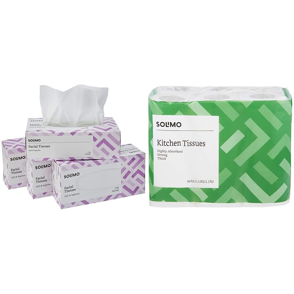 Amazon Brand - Solimo Solimo 2 Ply Facial Tissues Carton Box 100 Pulls (Pack of 4) & Solimo 2 Ply Kitchen Tissue/Towel Paper Roll 6 Rolls (60 Pulls Per Roll)