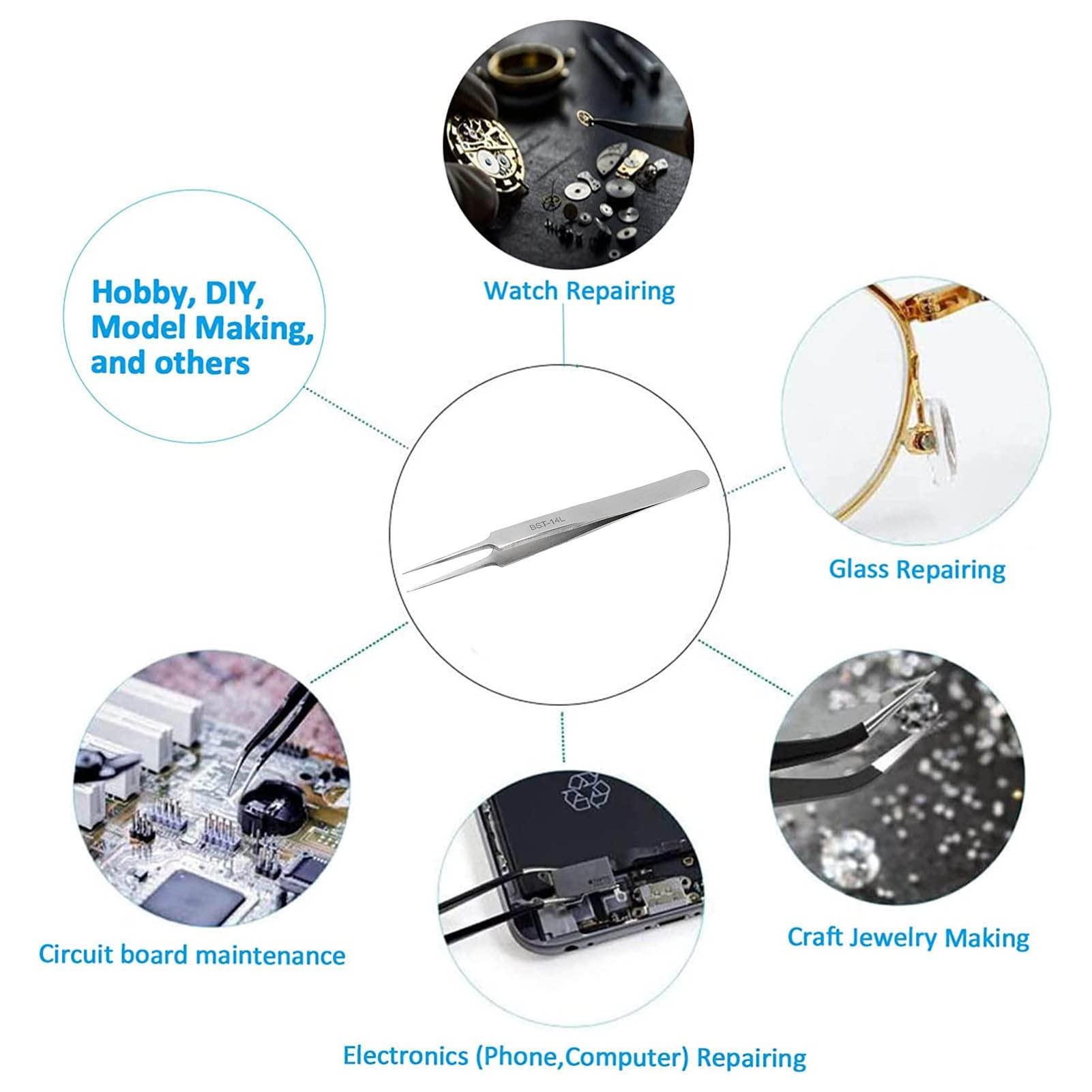 CH2-27APR23-BHN6RDMV Generic Industrial Tweezer, Stainless Steel Comfortable Touch Impact Resistant Fine Point Tweezer Anti Acid Rust Resistance High Hardness for Microelectronics (14L) |