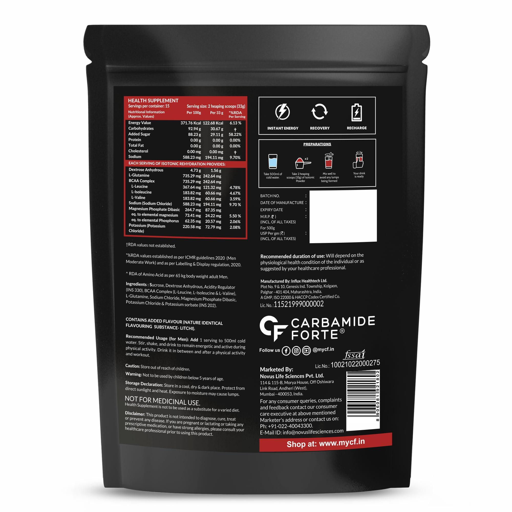 Carbamide Forte Carbamide Forte Isotonic Powder | Pre Workout Supplement For Men And Women| Instant Energy Drink for PreWorkout | Electrolytes Powder with added BCAA & L Glutamine - Litchi Flavour - 500g (Pack of 1)