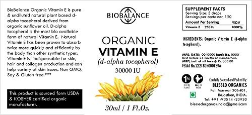 Bio Balance Bio Balance Organic Vitamin E, d-alpha tocopherol, 30,000 IU, Derived form Organic Sunflower Oil, 100% Pure & Undiluted, Soy/Gluten/GMO Free, Glass Bottle, 30ml
