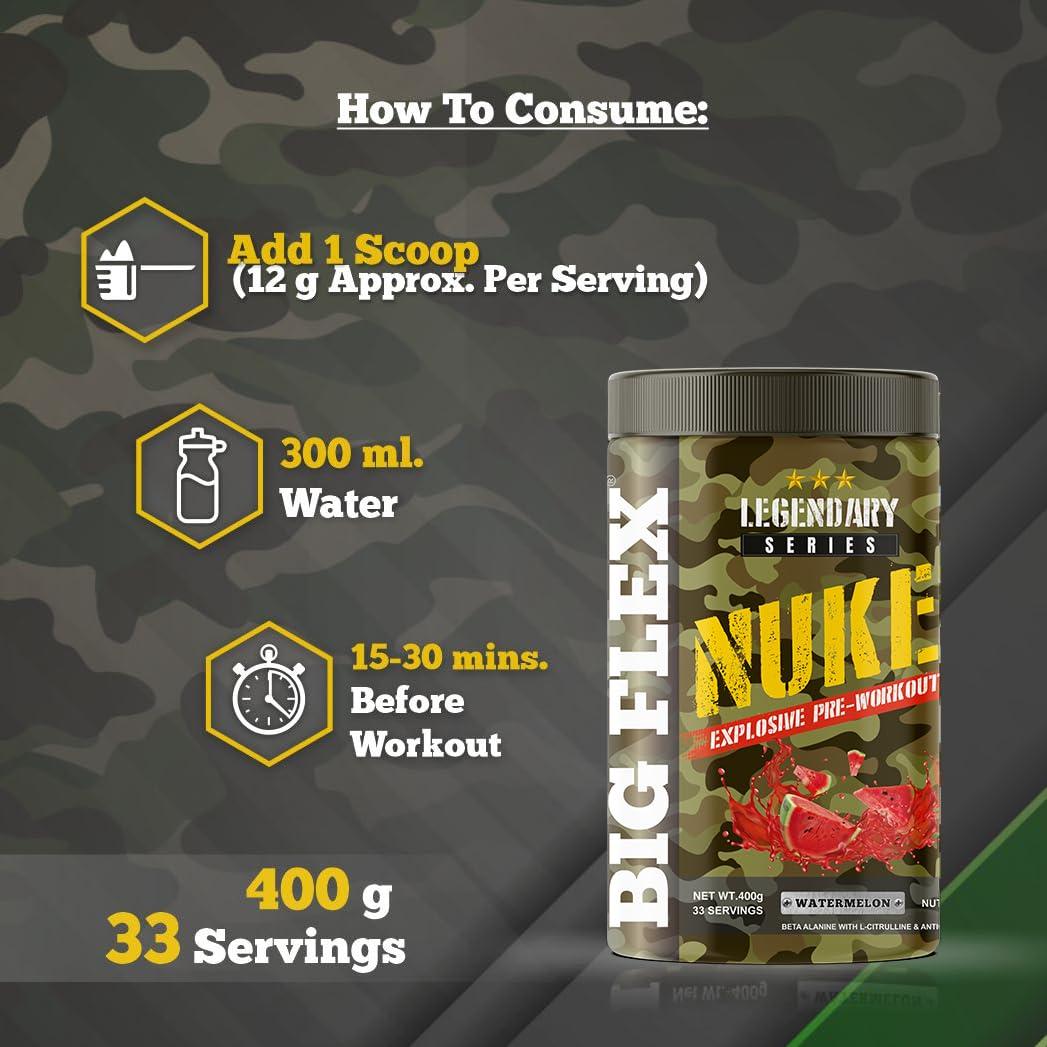 Bigflex Bigflex Nuke Pre Workout Powder| 33 Servings |Energy Booster| |Muscle Pump| |Strength Improvement| Preworkout For Men | Pre Workout For Women (Watermelon, 400 gm)