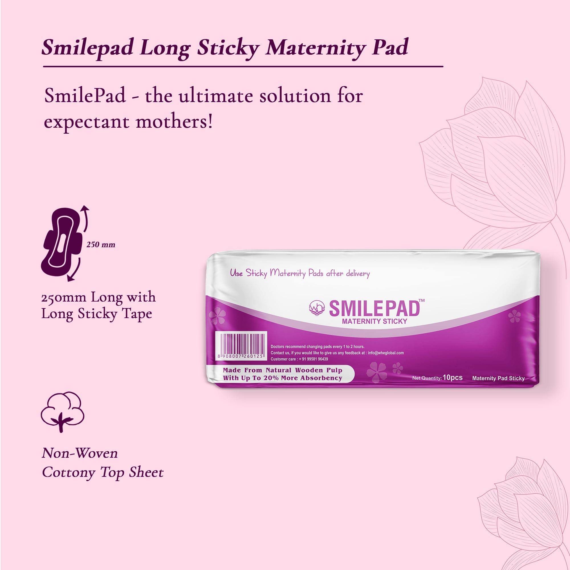 SMILE PAD Smilepad Sticky Maternity Pads for Women Post Pregnancy, Soft and Rash Free, Pack of 10 Delivery Pads - Perfect for Heavy Postpartum Bleeding, Active Moms, C-Section Recovery, Sensitive Skin