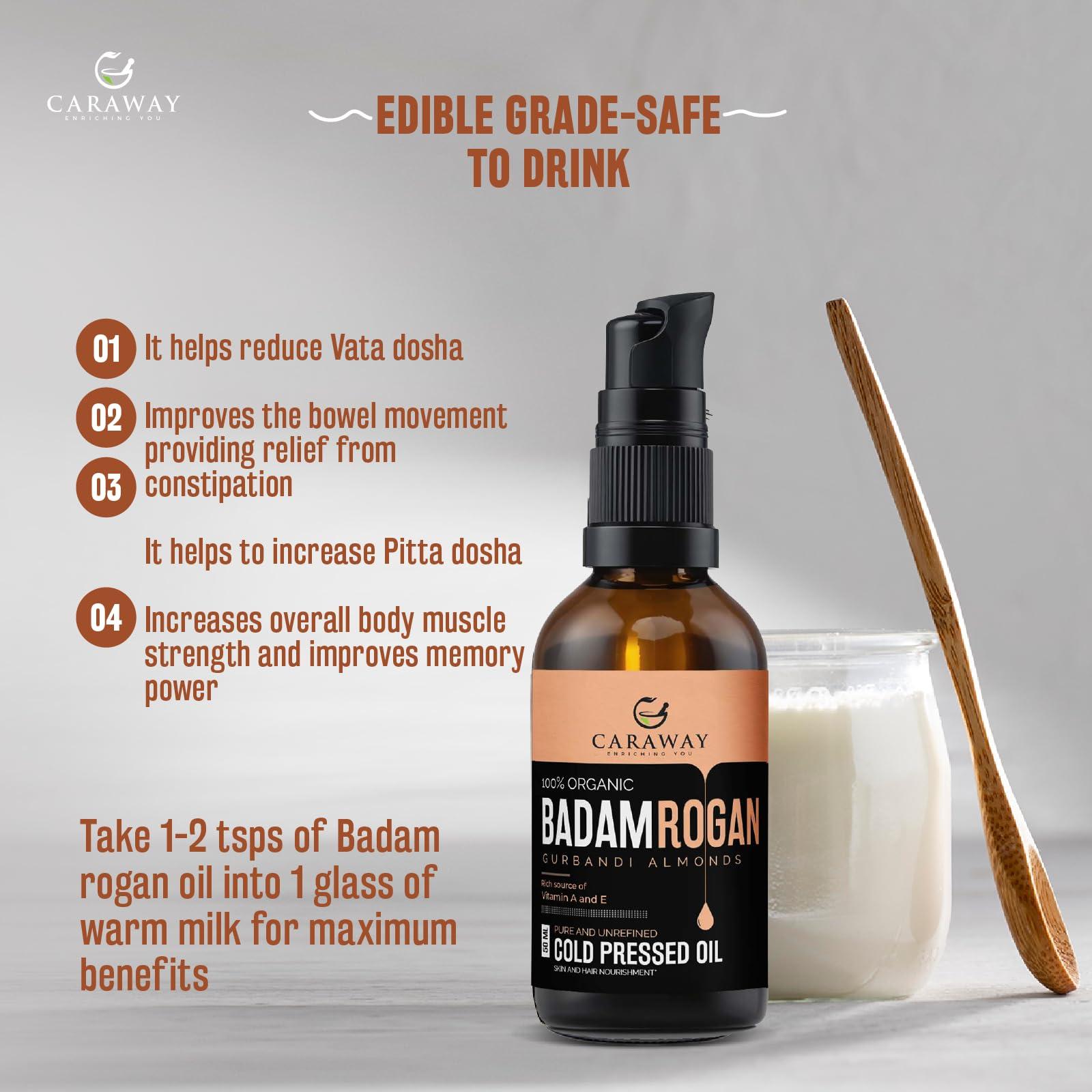 CARAWAY CARAWAY Certified Organic Almond Oil for Face - Cold Pressed Badam Rogan Oil for Baby Massage and Hair Care - Edible Grade - 50 ml