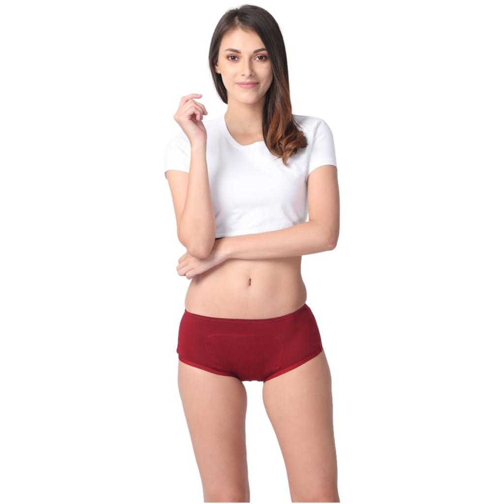 Adira Adira | Women Cotton Hipster Panties | Boxer Fit for High Flow | Reusable | with Support Patch to Fix Pad | Leakproof & Skin Friendly | for School, Travel & Work | Pack of 1 | Maroon | XL