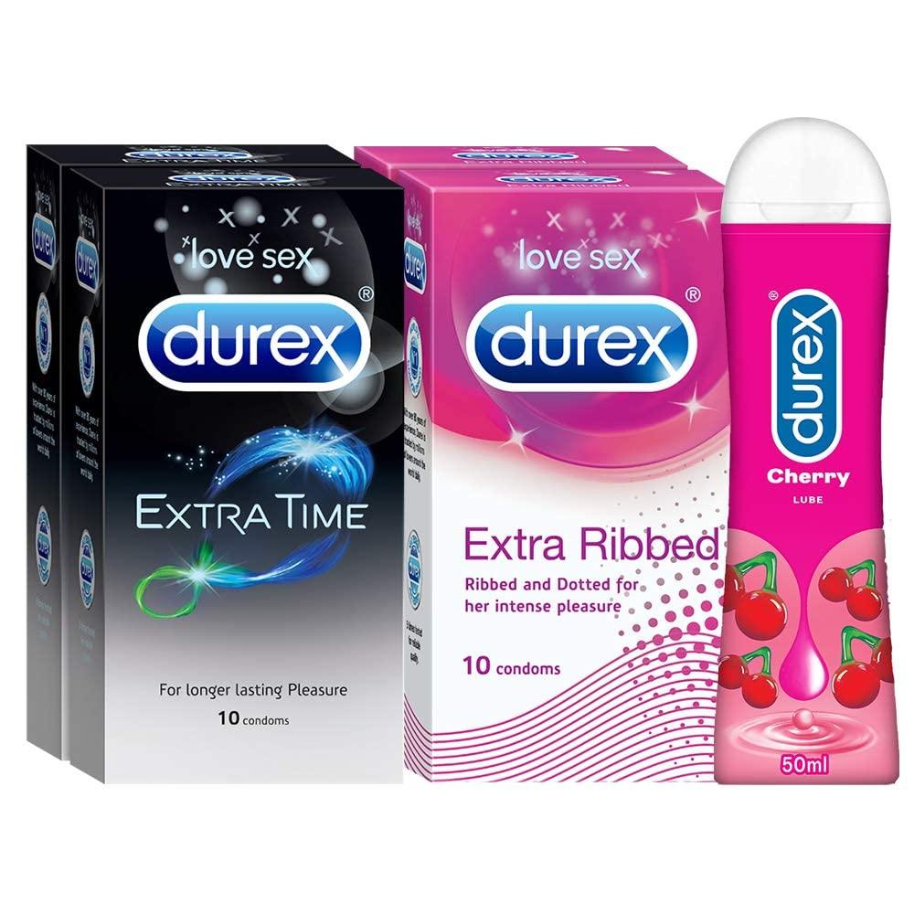 Durex Pleasure Packs (Durex Extra Time 10s, Extra Ribbed 10s, Extra Time 10s, Extra Ribbed 10s, Cherry 50 ml)