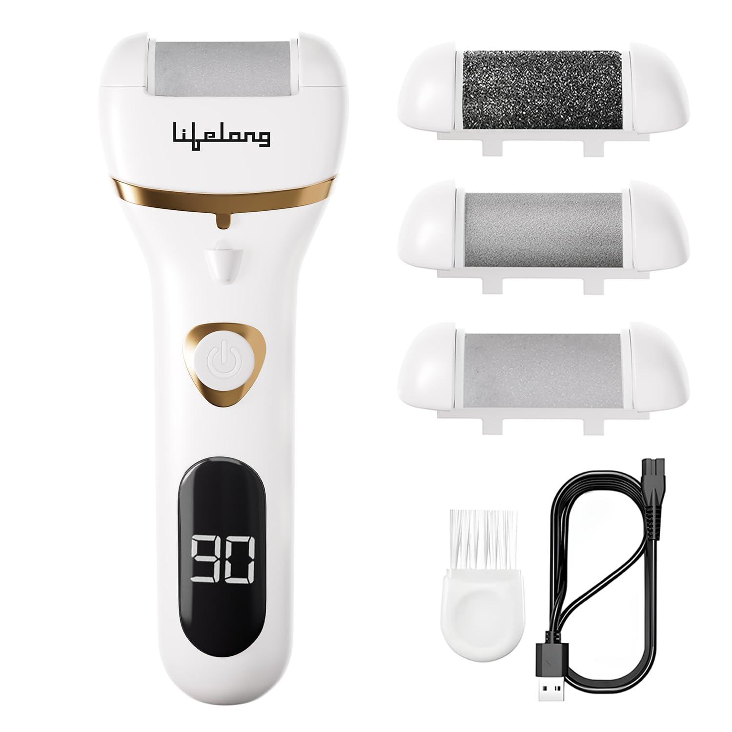 Lifelong Lifelong Callus Remover for Feet | 1 Year Warranty | Foot Scrubber for Dead Skin, 3 Roller Heads, Feet Dead Skin Remover, Pedicure Machine, LED Display, Fast Charging, 2 Hour Runtime (White)