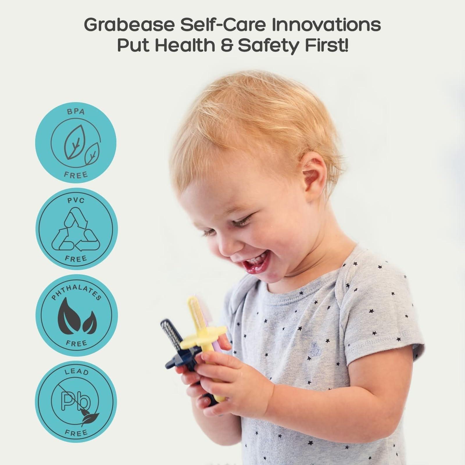grabease Grabease Double Sided Toothbrush Baby Toothbrush for 6 Months to 4 Years Old with Soft Bristles BPA-Free Toddler Toothbrush with Anti-Choke Guard Includes Free Finger Brush, Grey