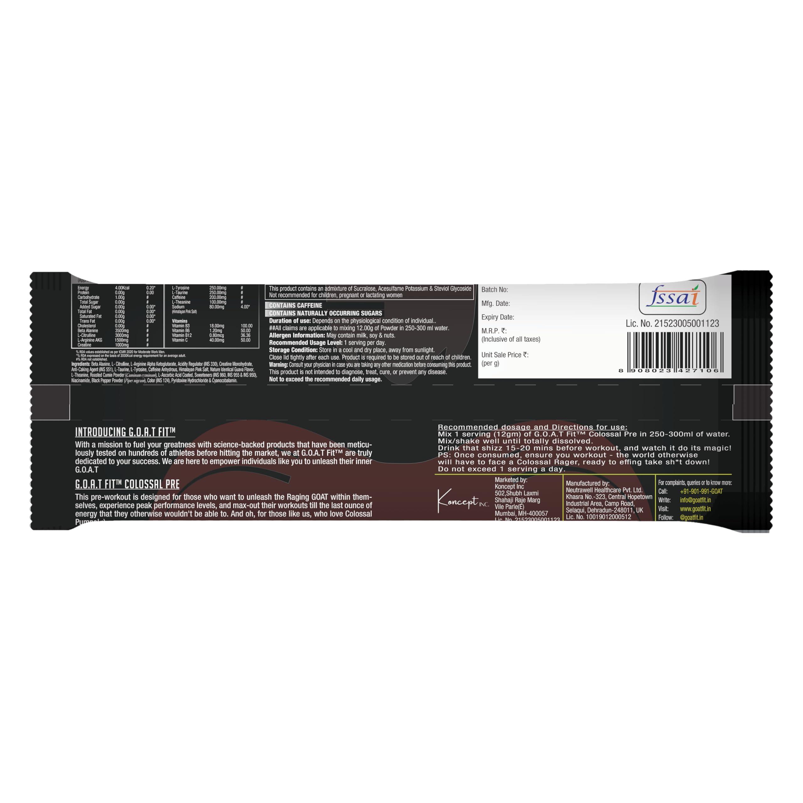 G.O.A.T Fit G.O.A.T Fit Colossal Pre | PreWorkout Powder (Spicy Guava, 12gm - Single Serving) 200mg Caffeine 3.5g Beta-Alanine 3g Citrulline 1.5g Arginine 1g Creatine with Himalayan Pink Salt