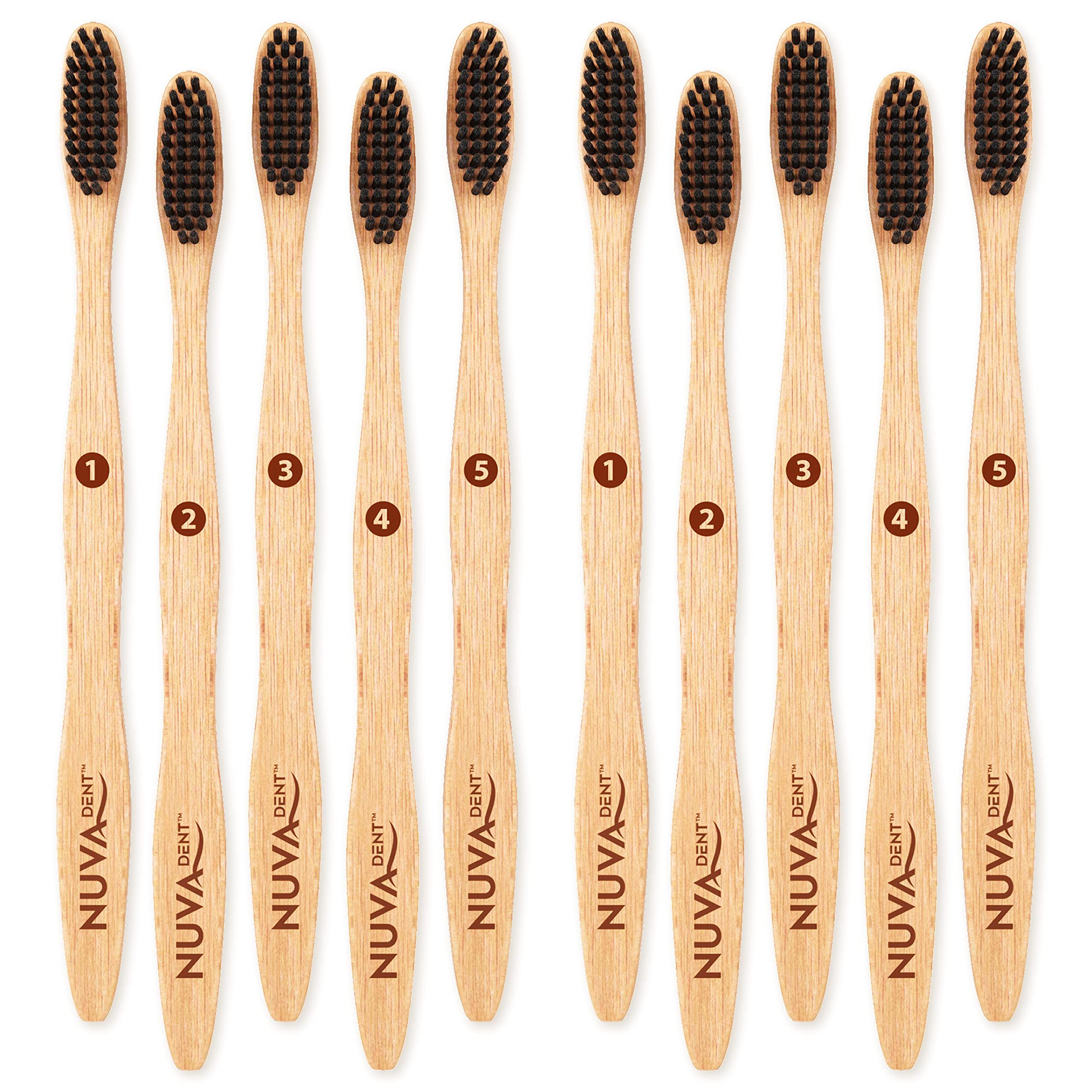 Nuva Dent Bamboo Toothbrushes, Charcoal Toothbrushes, Soft Bristle Toothbrush - Natural Wood Toothbrushes Bulk (10 Pack)