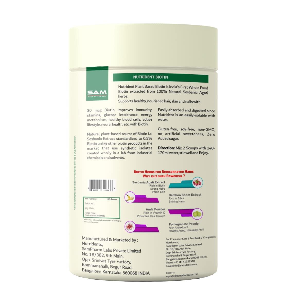 NUTRIDANTS Nutridents Plant Based Biotin Powder with Sesbania Agati, Bamboo Shoot, Amla, 100 g Boosts Hair Growth & Strength