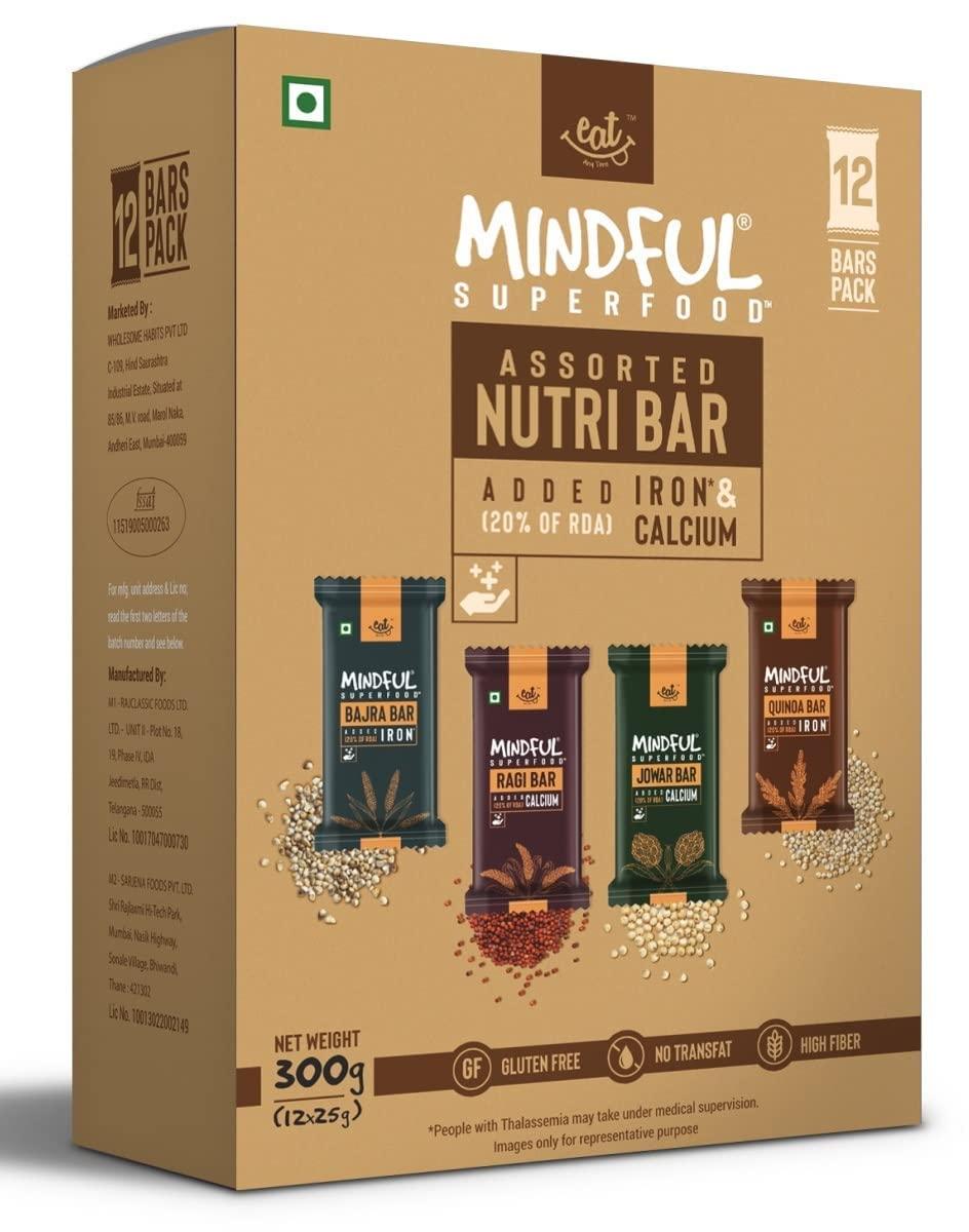 Mindful Eat Anytime Mindful Healthy Assorted Millet Energy Bar | Gluten Free & High Fiber | Energy Bar Sugar Free| Healthy Bar & Breakfast Protein Bar | Millet Bar/Energy Bar-300gm (12pcs of 25gm)