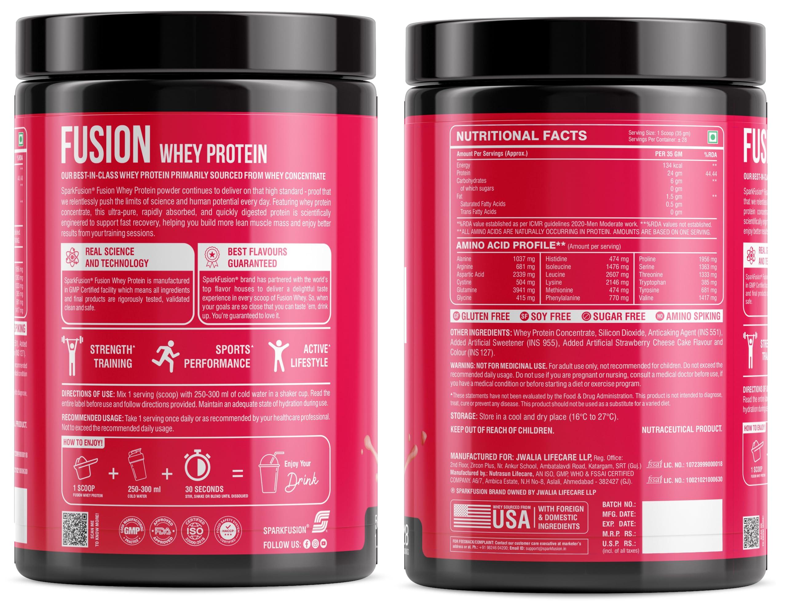 Sparkfusion Sparkfusion Fusion Whey Protein Concentrate Powder | 24g Protein,5.5g BCAA per Serving | For Muscle Recovery Workout Drink,Lean Muscle Growth | For Men & Women - Strawberry Cheese Cake Flavour, 1 kg