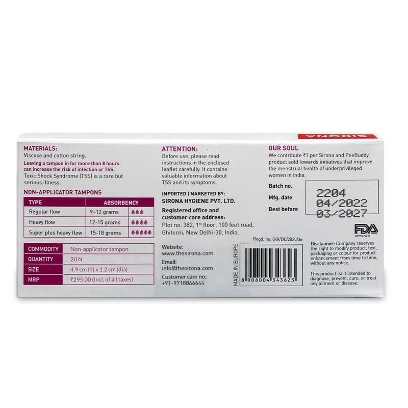 Sirona Sirona Period Made Easy Tampons - 20 Piece (Pack of 3) | For Medium & Regular Flow | Biodegradable Tampons | FDA Approved