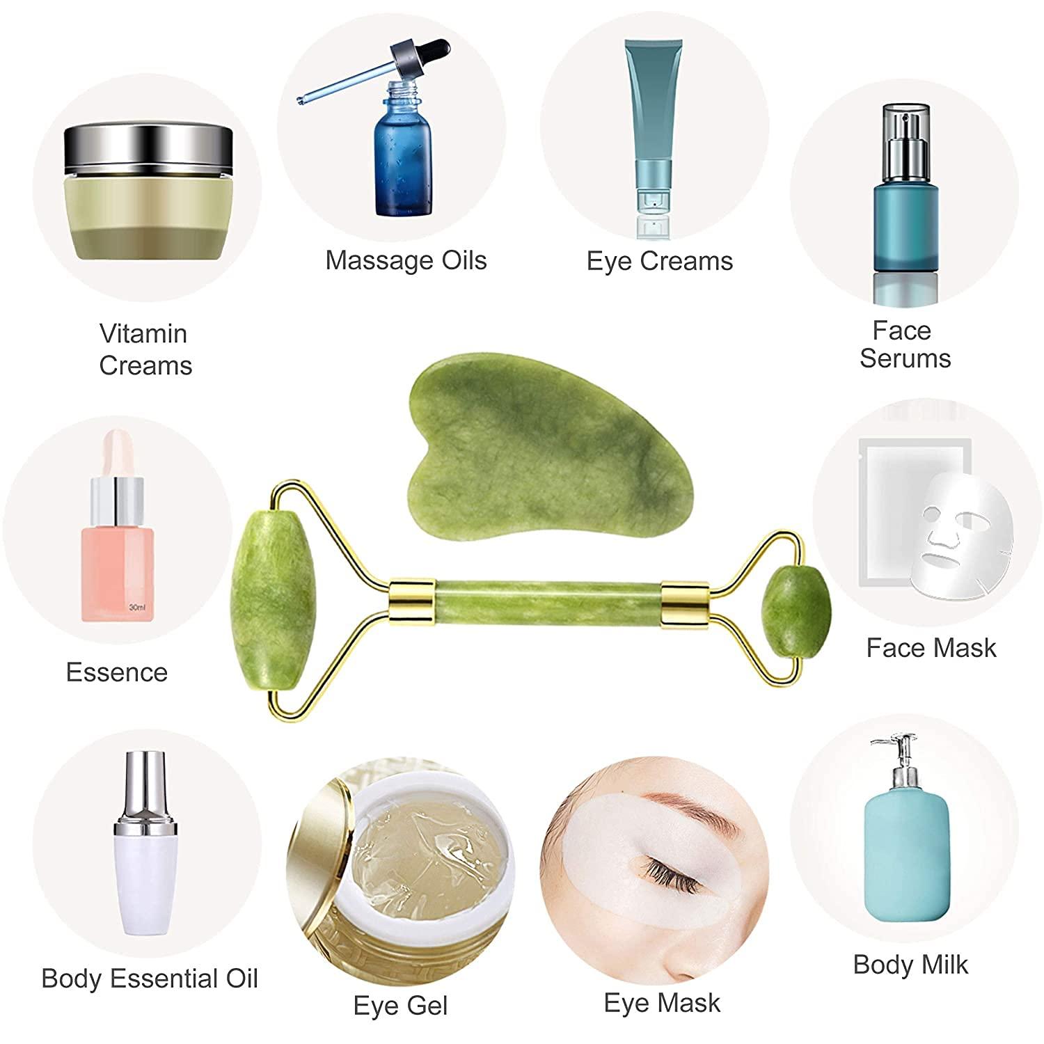 KILO COOL HVAC Jade Roller and Gua Sha Set for Beautiful Skin Detox - Facial Body Eyes Neck Massager Tool Reduce Wrinkles Aging - Original Natural Jade Stone