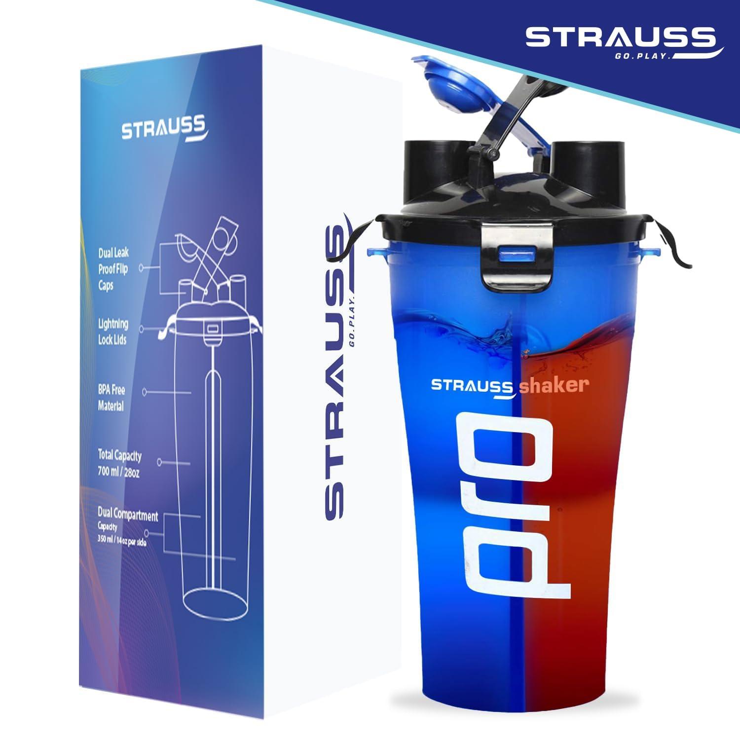 STRAUSS STRAUSS Dual Shaker Pro | Pre & Post Protein Shake On the Go | Leakproof and BPA-Free Material | Dual Shaker Bottle | Protein Shaker Bottle for Gym | Suitable for Both Men and Women, 700ml,(Blue)