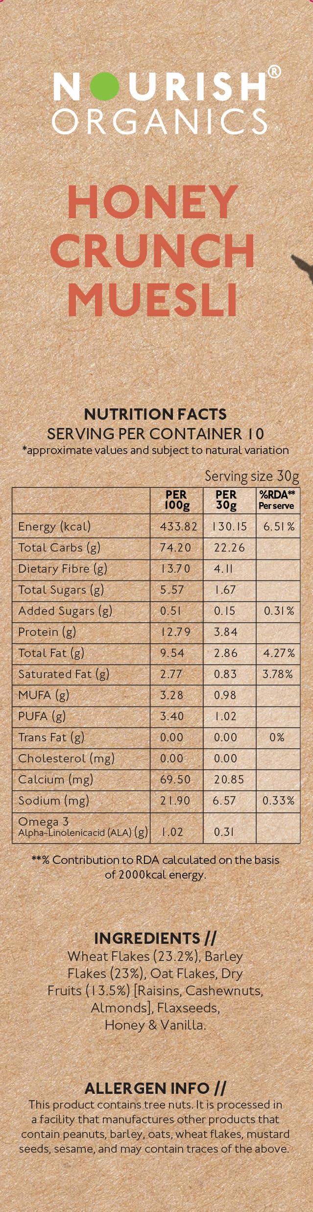 Nourish Organics Nourish Organics Honey Crunch Muesli, 300g Pack | Healthy and Nutritious Breakfast Cereals with Whole Nuts | No Refined Sugar | Clean Label