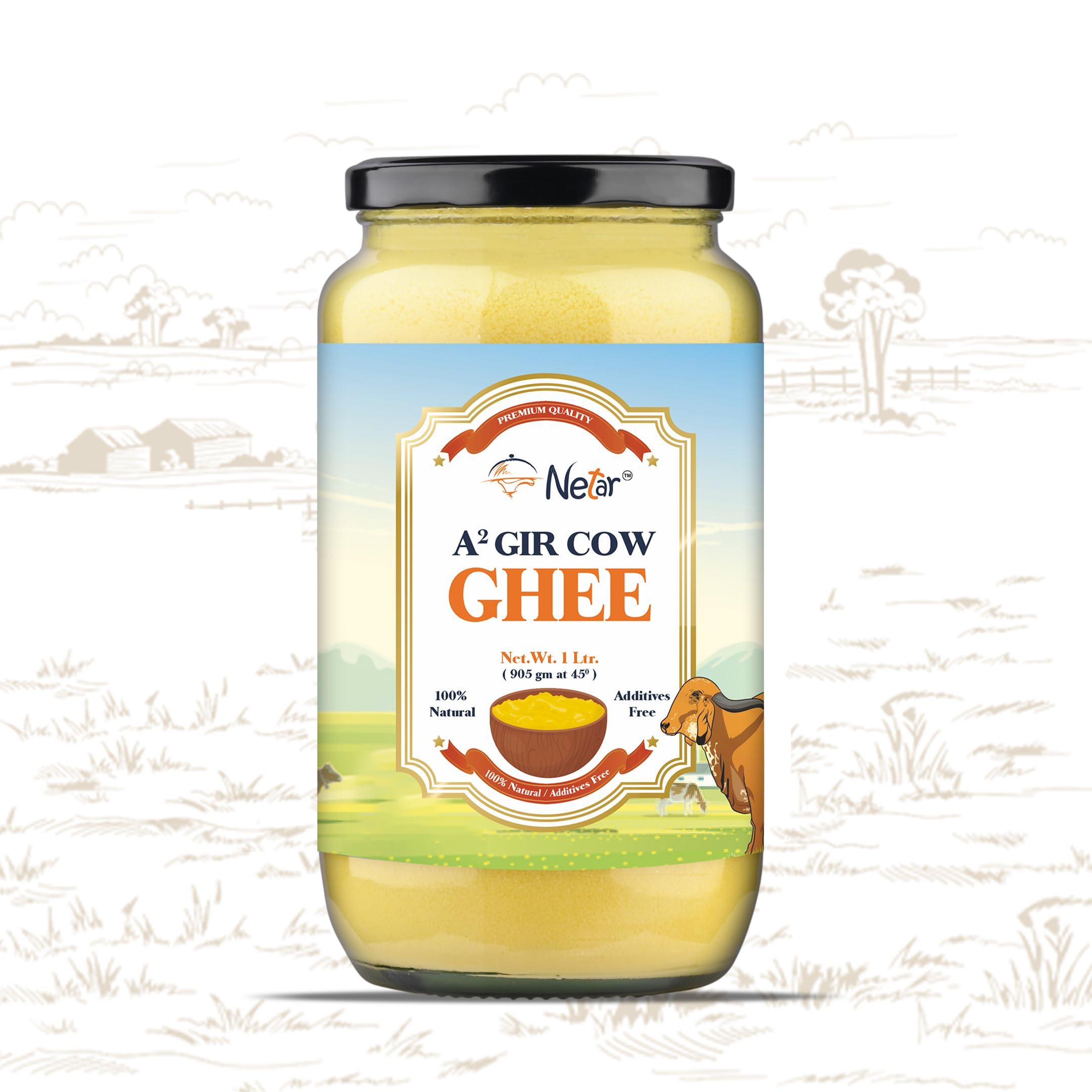 NETAR Netar Pure A2 Gir Cow Ghee 1 Ltr (Pack Of 2) | Vedic Bilona Two Way Hand Churned | Indiand Gir Cow Ghee, Natural & Healthy,| No Added Colour and Preservatives, | 1 Litre (Jar Pack Of 2).