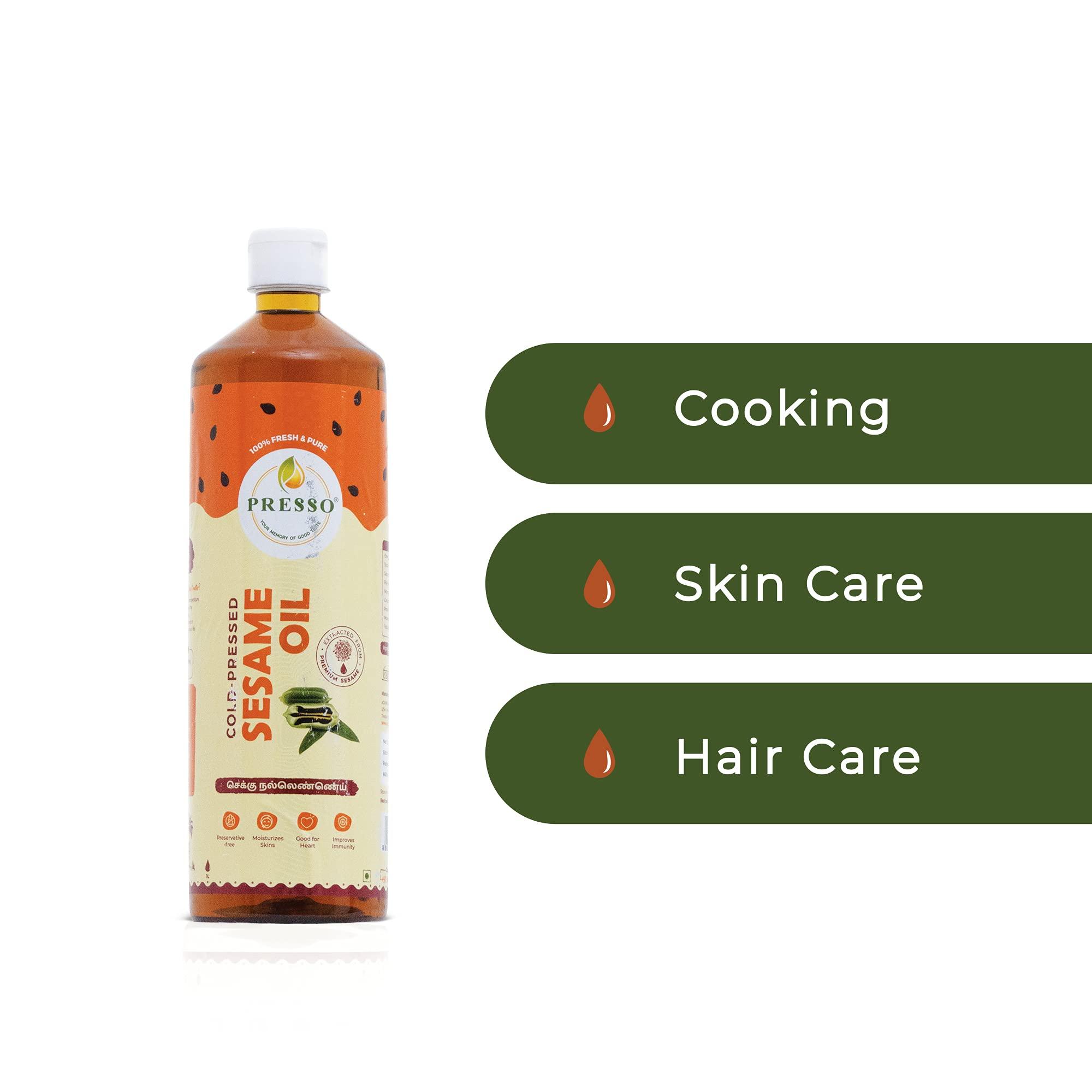 Presso PRESSO Fresh & Pure, Cold Pressed Natural Sesame (Gingelly) Oil | Chekku/Ghani | Cooking, Skin Care, Hair Care, Bone Health | Rich in Minerals | No Preservatives (1 Litre)
