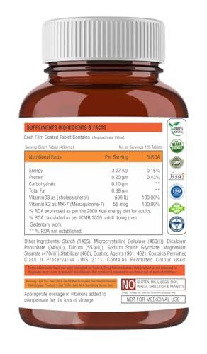 The Body Reserve The Body Reserve Vitamin D3 K2 MK7-120 Veg Tablets, 100% RDA Plant-Based Vitamin D3 Supplement from Lichen Source with Vitamin K2 as MK7 Menaquinone