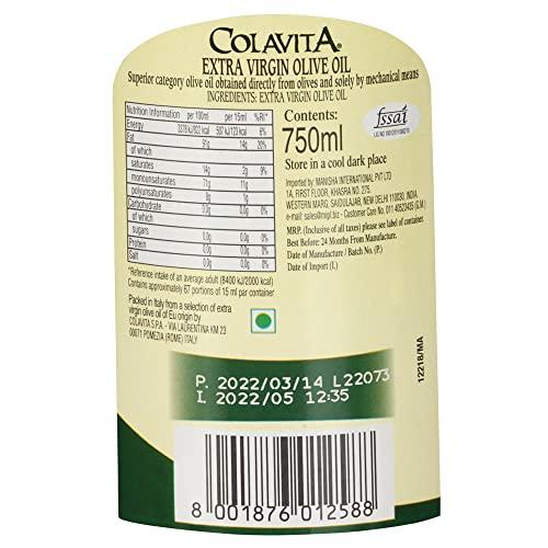 COLAVITA Colavita Mediterranean Extra Virgin Olive Oil (750ml) | Imported from Italy | Premium Olive Oil for Cooking, Dips and Marinades | Cold Pressed Oil from Superior Whole Olives | Timeless Bottle