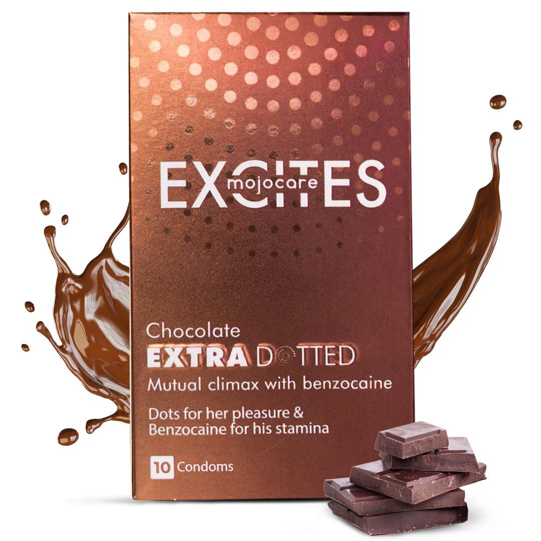 Mojocare Mojocare Excites Extra Dotted Chocolate Condoms for Men - 10 Sheets | Enhanced Stimulation | Improve Endurance | Extra Lubrication | Chocolate Flavor | 598 Dots